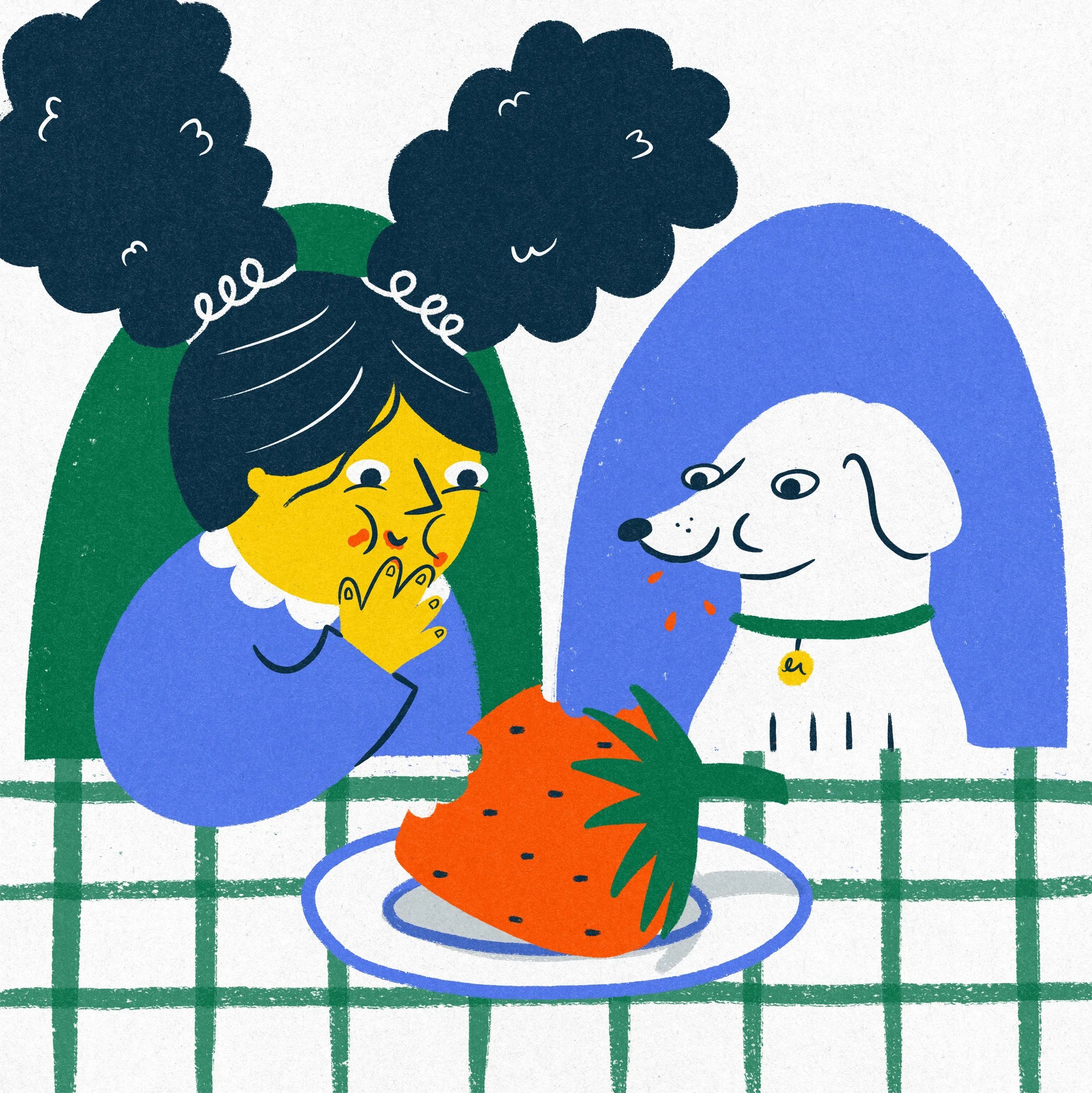 A little girl and a dog enjoying a very large strawberry.