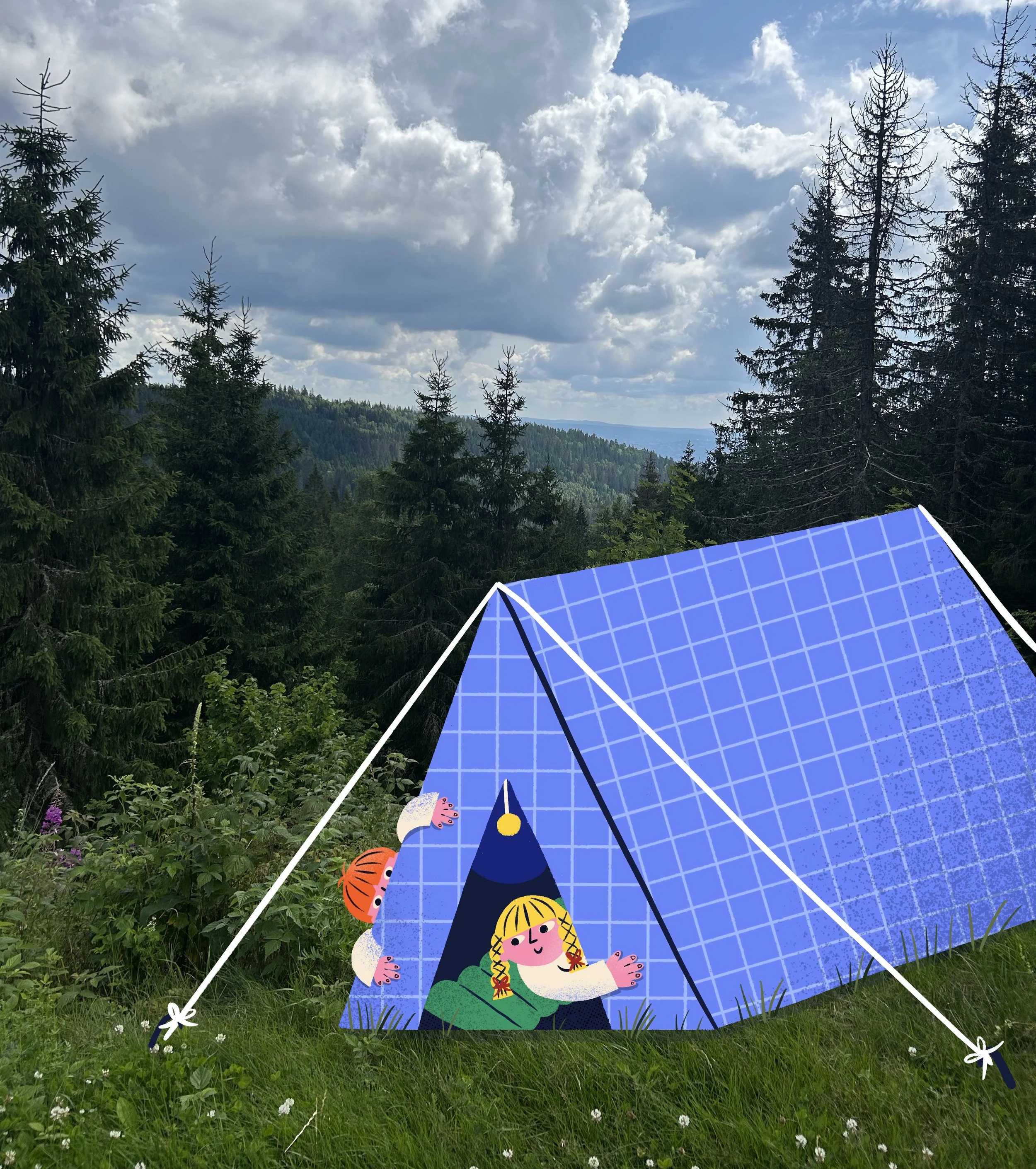 Two little children in a tent, drawn on a photograph.