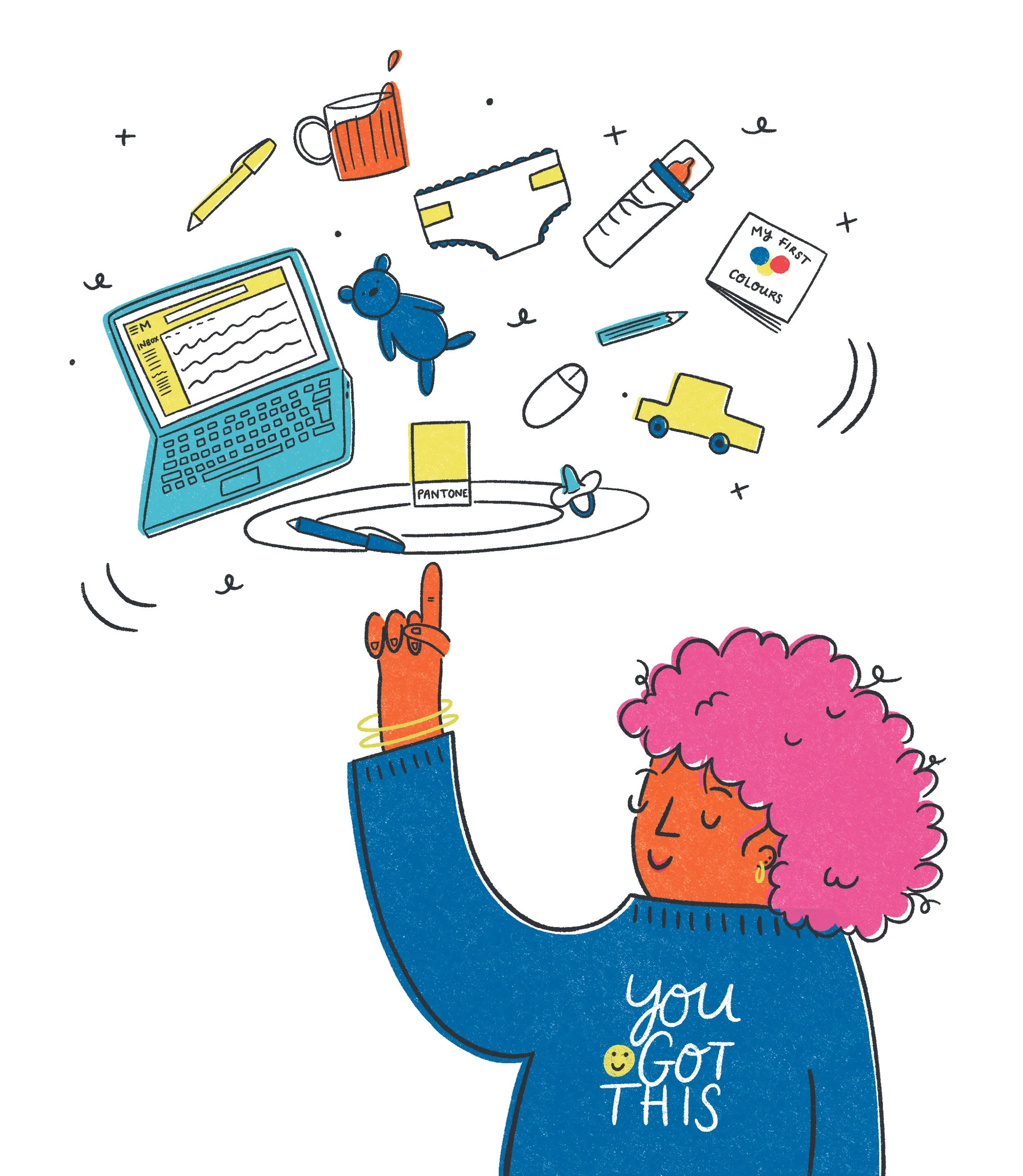 A women spinning a plate with a computer and other work items alongside toys, a nappy and a bottle of milk with the slogan, 'You Got This'.