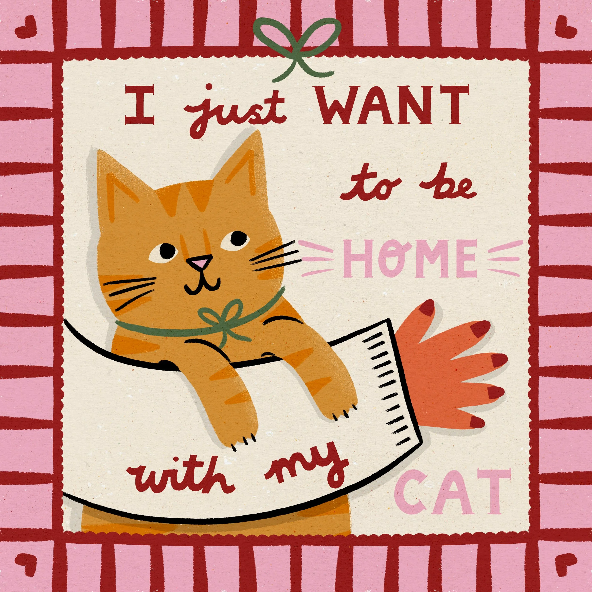 I just want to be home with my cat.  Arm with a yellow tabby cat.