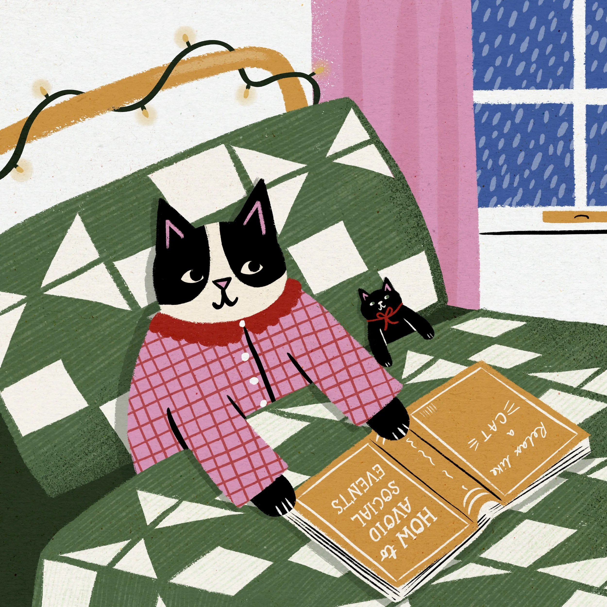 A cat in bed with a book with the slogan, 'How to Avoid Social Situations'.