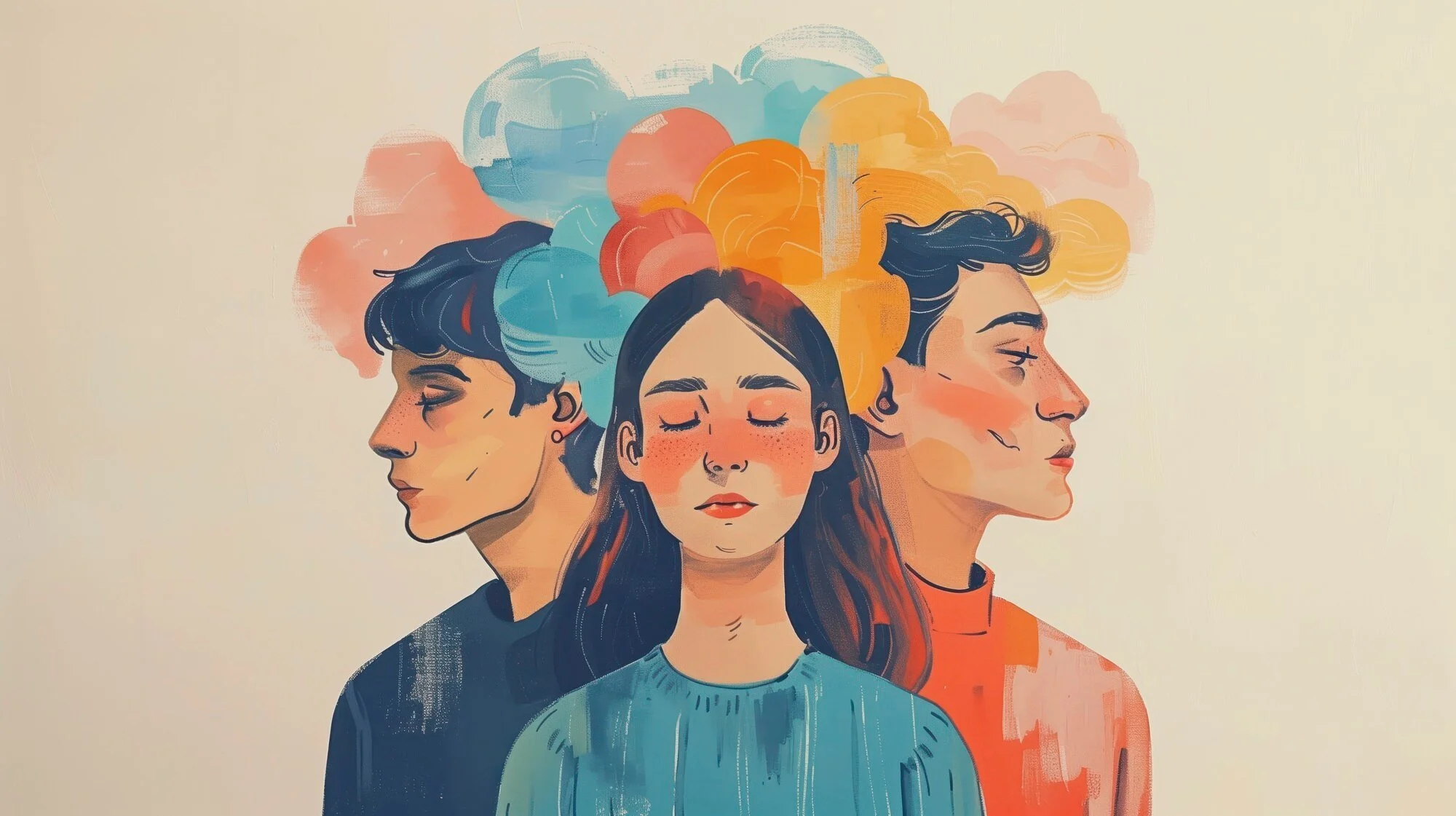 Illustration of three people with colorful abstract clouds above their heads; the central figure has eyes closed, expressing calm, while the two side figures face away.