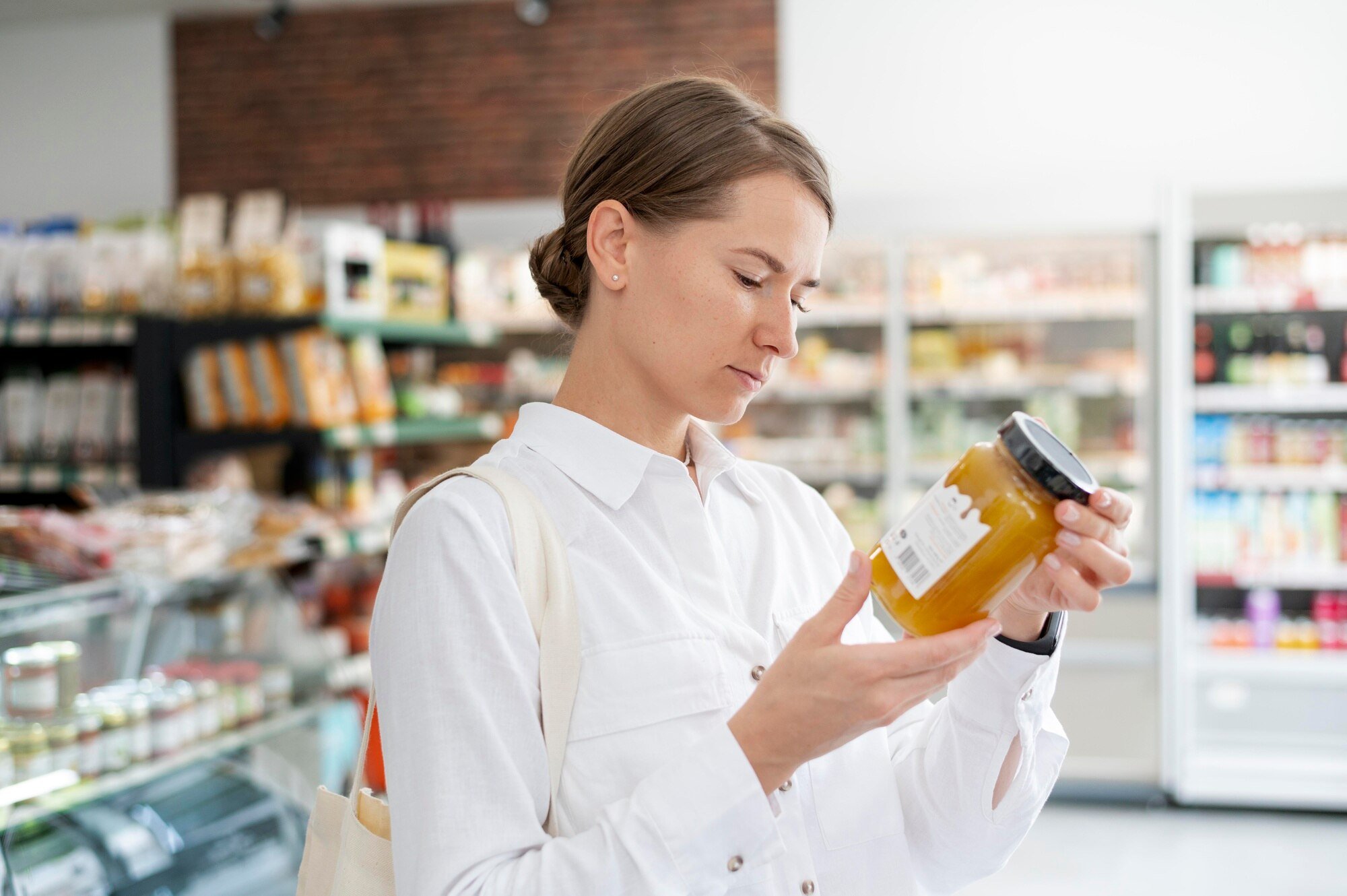Woman in a grocery store examining a jar, wearing a white shirt.