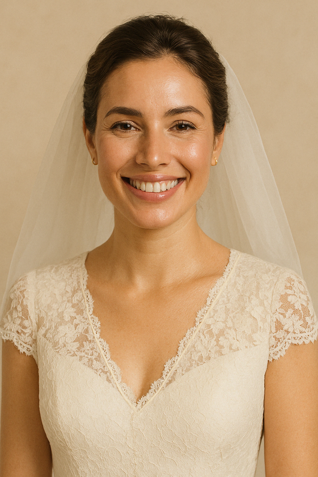 Bride smiling in lace wedding dress and veil