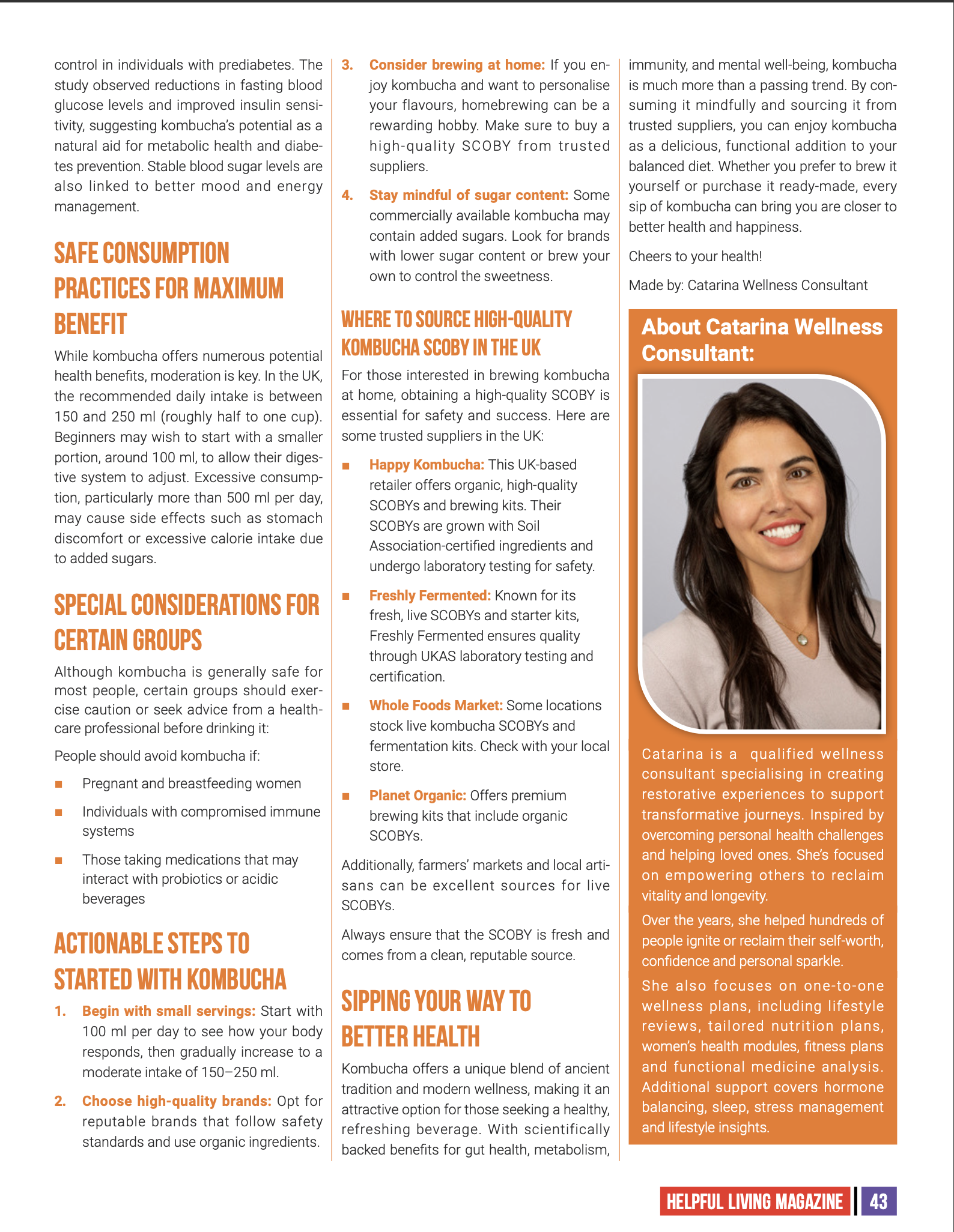 Magazine page about kombucha benefits, safety, and sourcing, featuring a photo of Catarina Wellness Consultant.