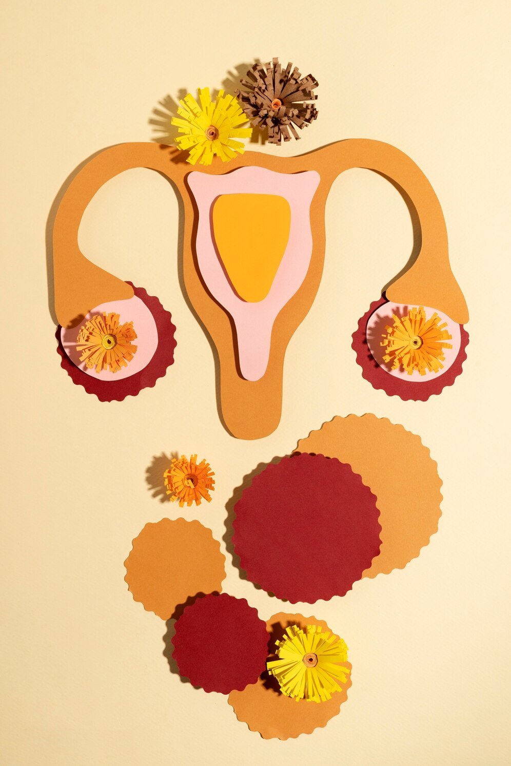 Colorful paper art illustration of a uterus with flowers, symbolizing femininity and reproductive health