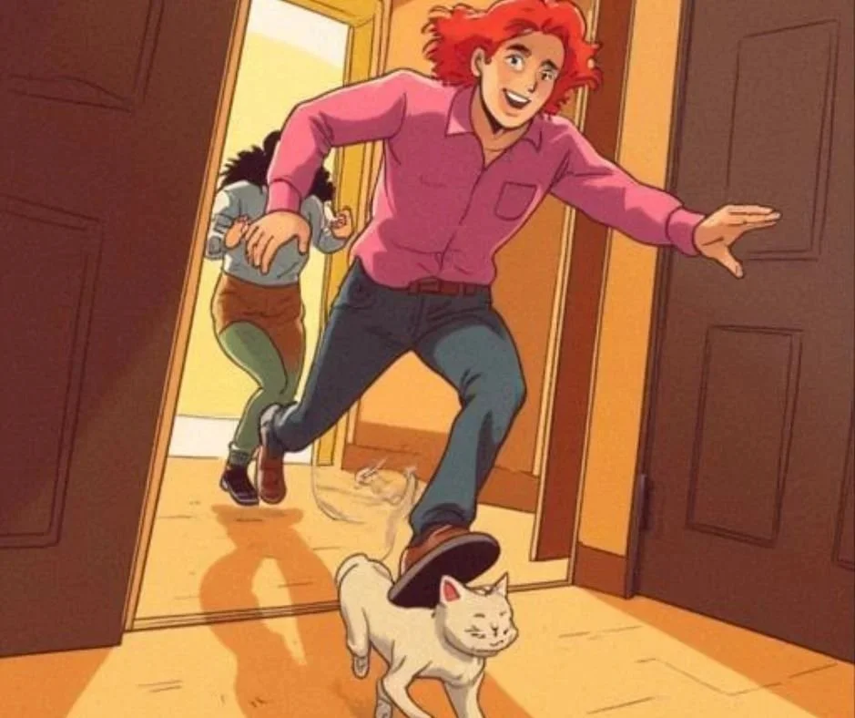 Anime of a man and woman chasing a cat that's run out of a condo door