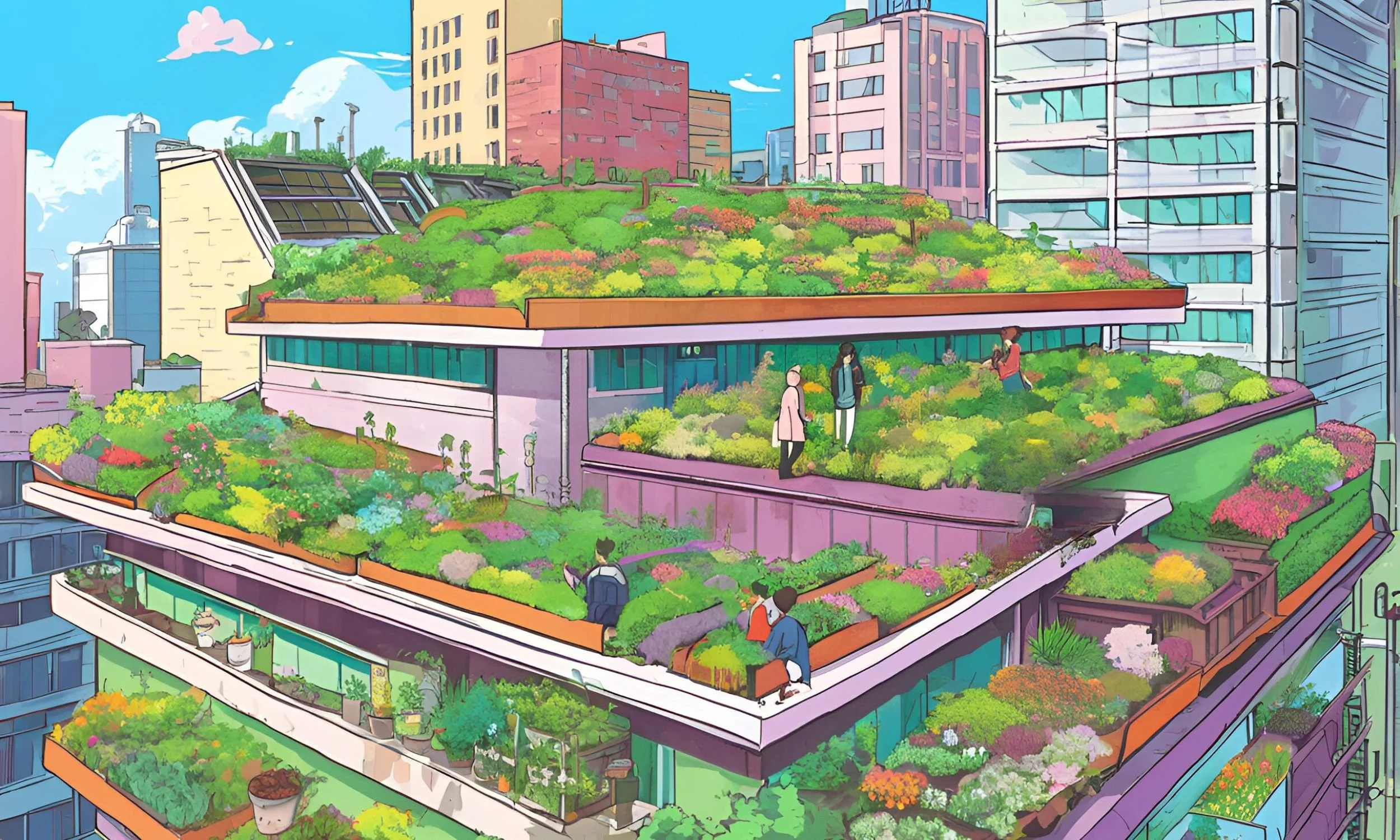 Digital anime art of a condo building with green roofs.