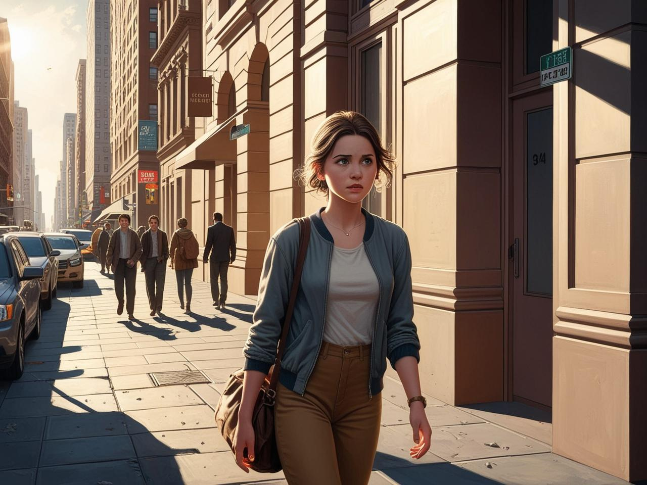 Digital art of a young woman walking on a city sidewalk, looking worried.