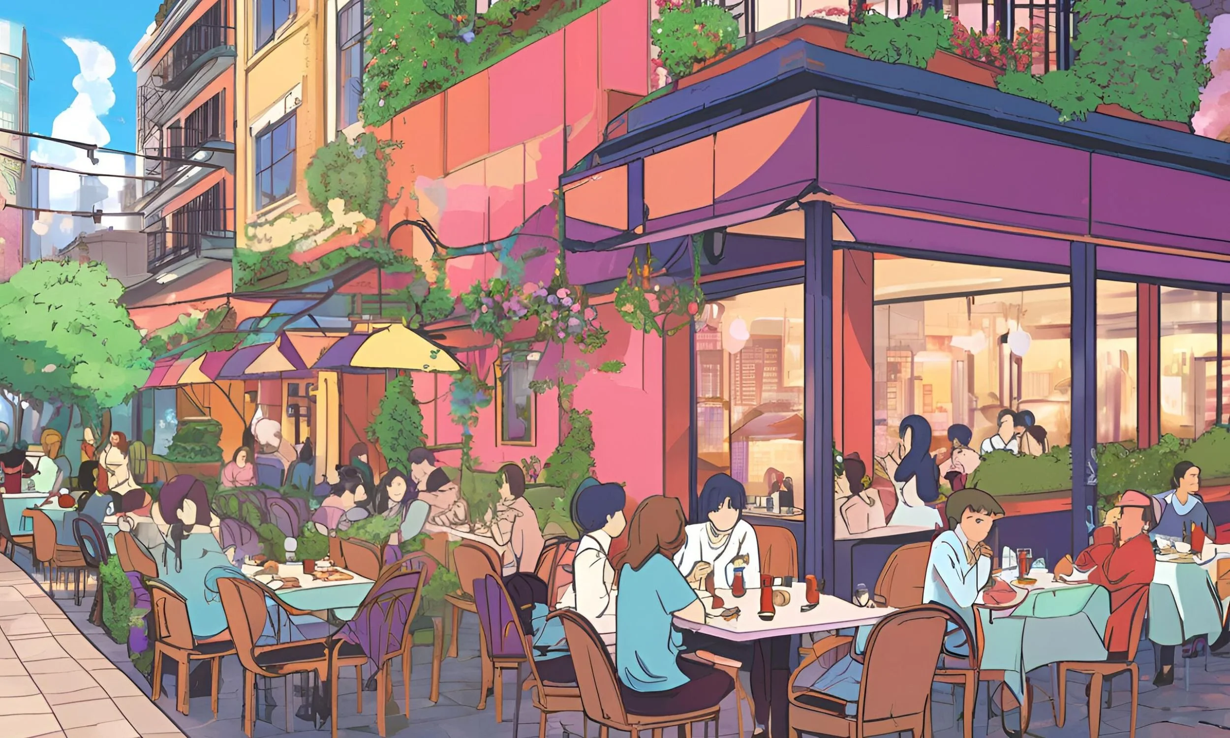 Anime art of diners at outdoor restaurant patios.