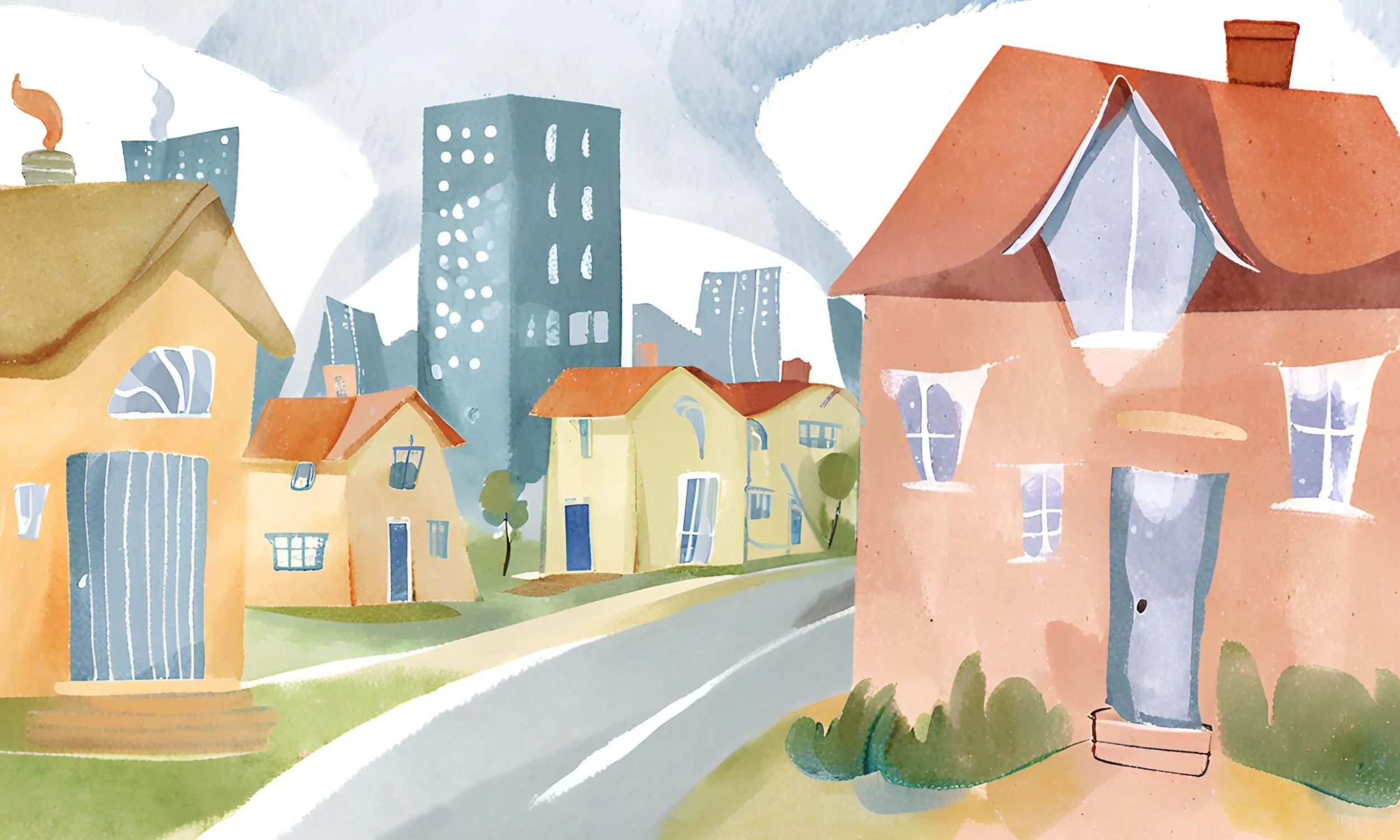 Watercolor art of a city in the background and suburbs in the foreground.