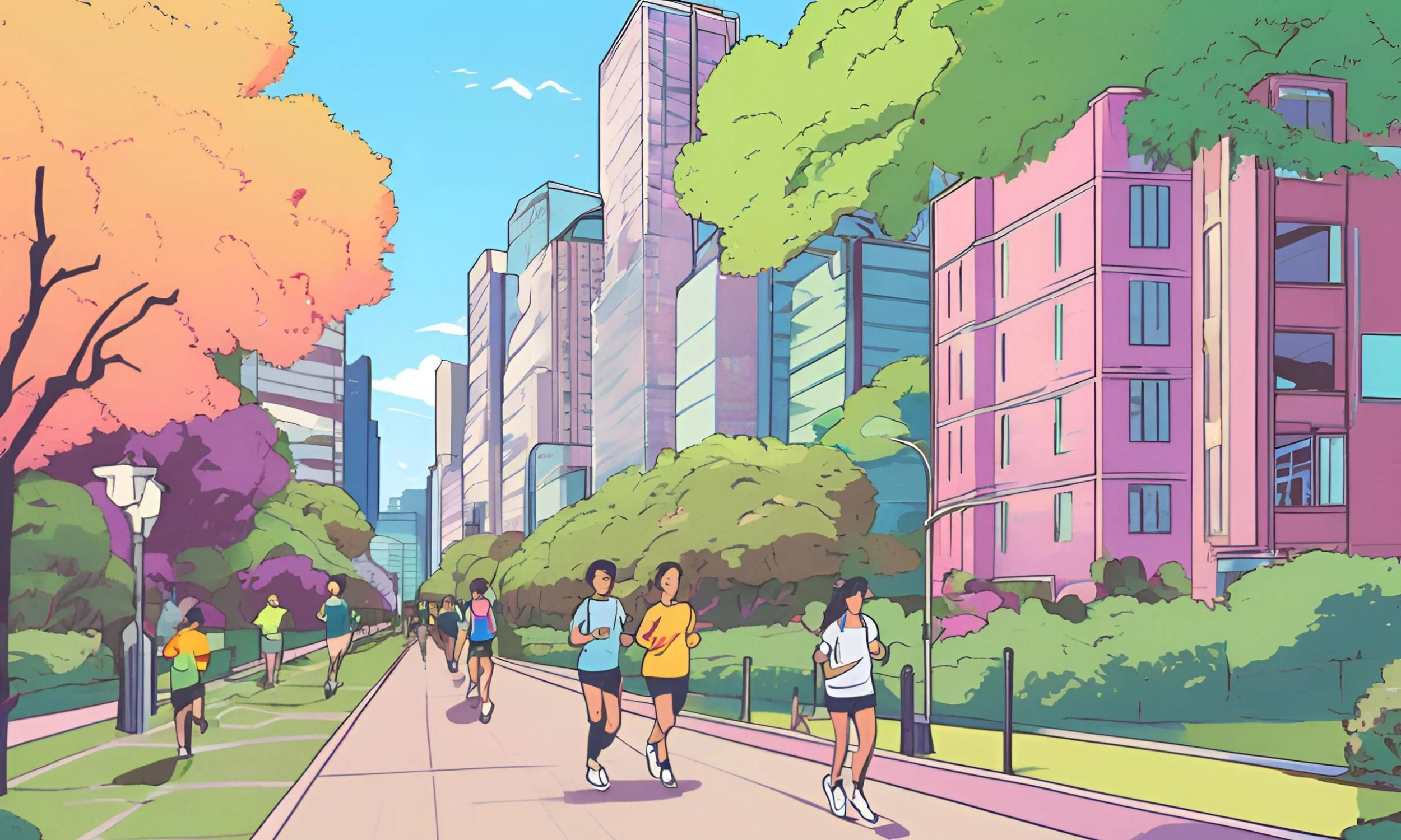 Digital anime art of joggers on a trail in a city.