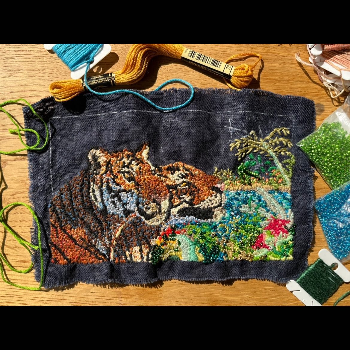 🐅Tiger Embroidery ✨I started beginning of last April but still haven&rsquo;t finished, I think this is roughly 3 months worth of work!🌴