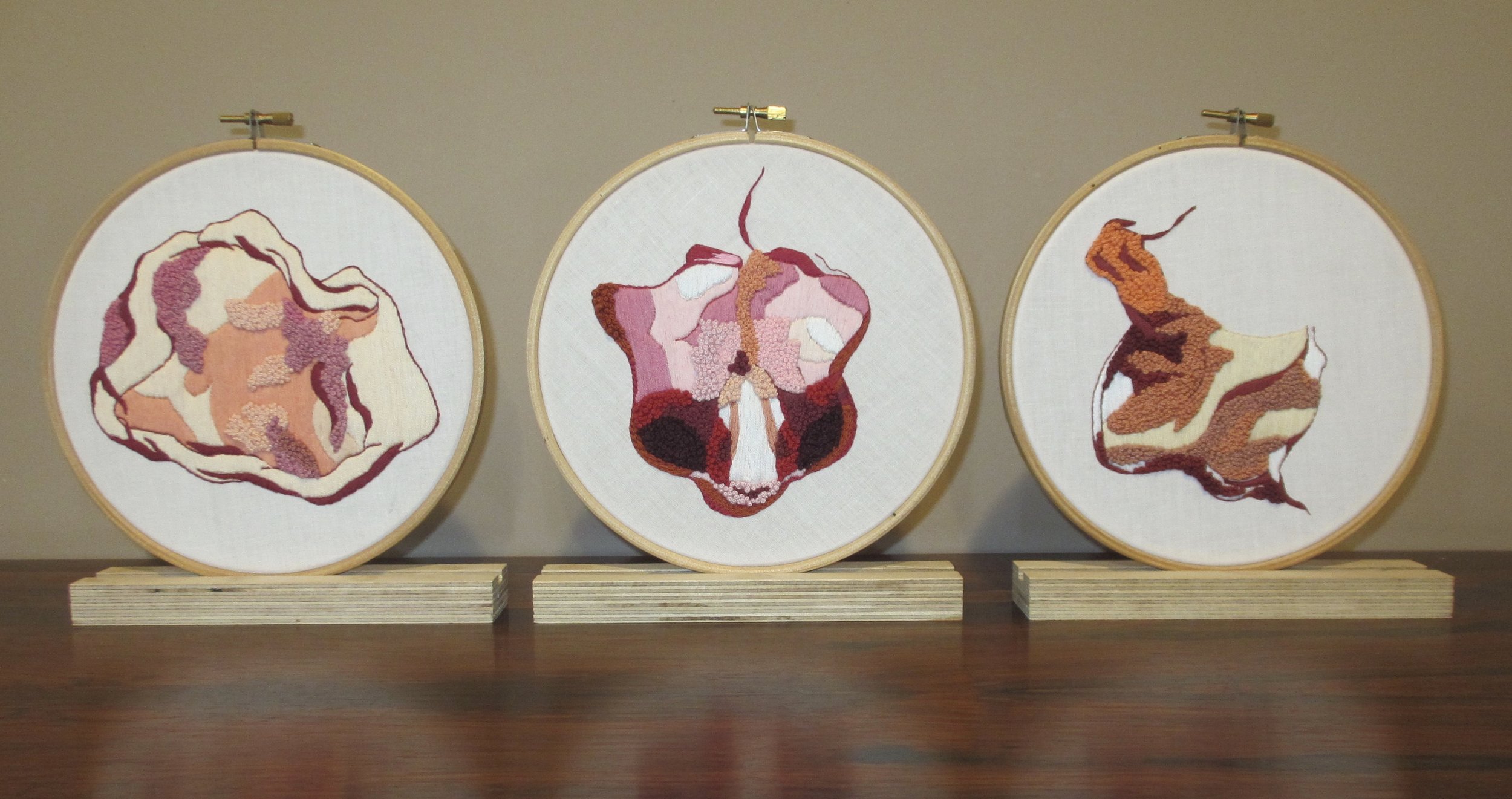 3 Stitched pieces in response to drawings made with The University of Sheffield Biomedical department of embryonic Hypothalamus development.