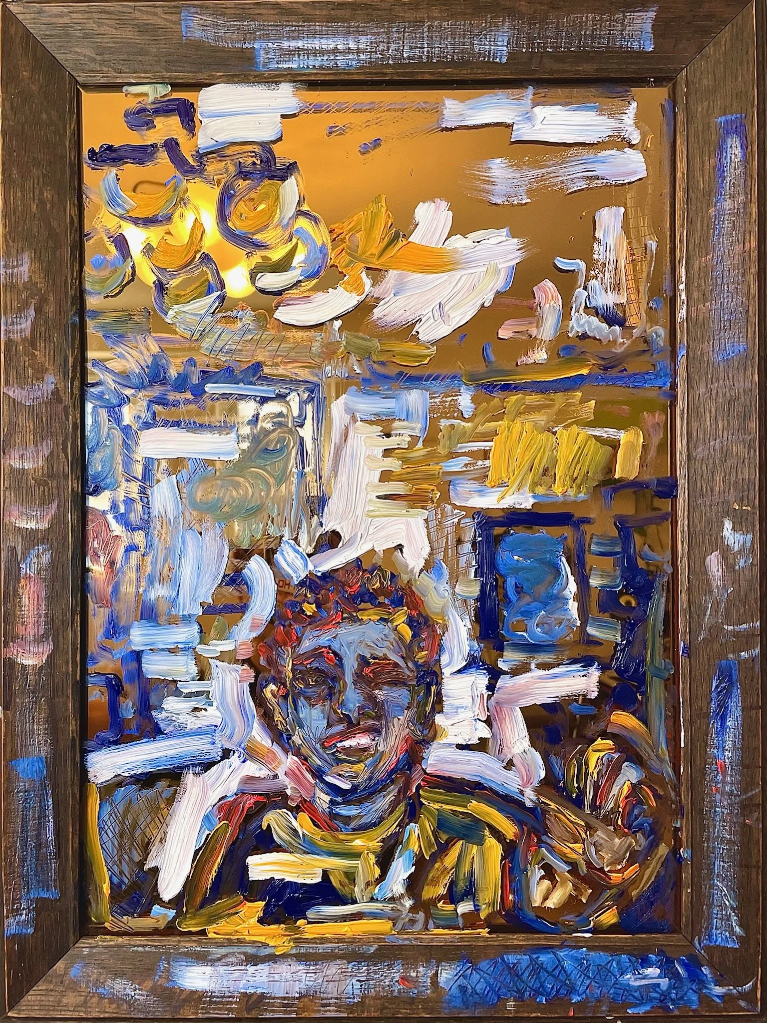 self portrait of a PAINTER (2025) 
oil on mirror and wooden frame
23" x 18"
(sold)