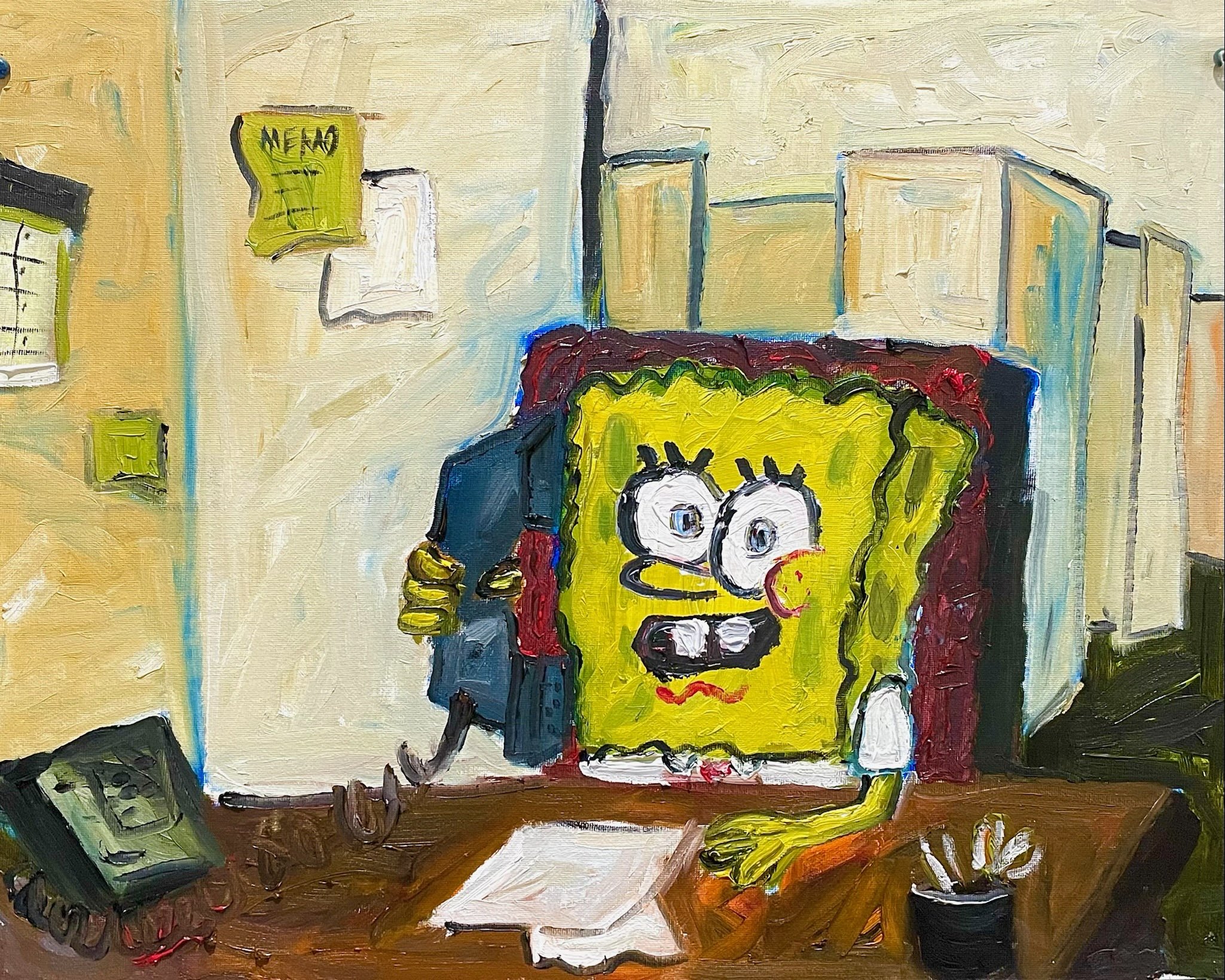 spongebob at his 9 to 5 (2025)
oil on canvas
16" x 20"
(on hold)