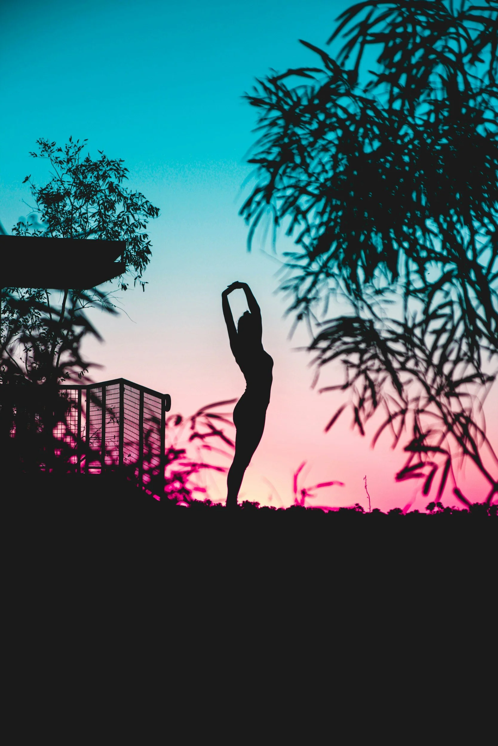 Silhouette of a woman stretching with sunset sky in background, surrounded by trees.