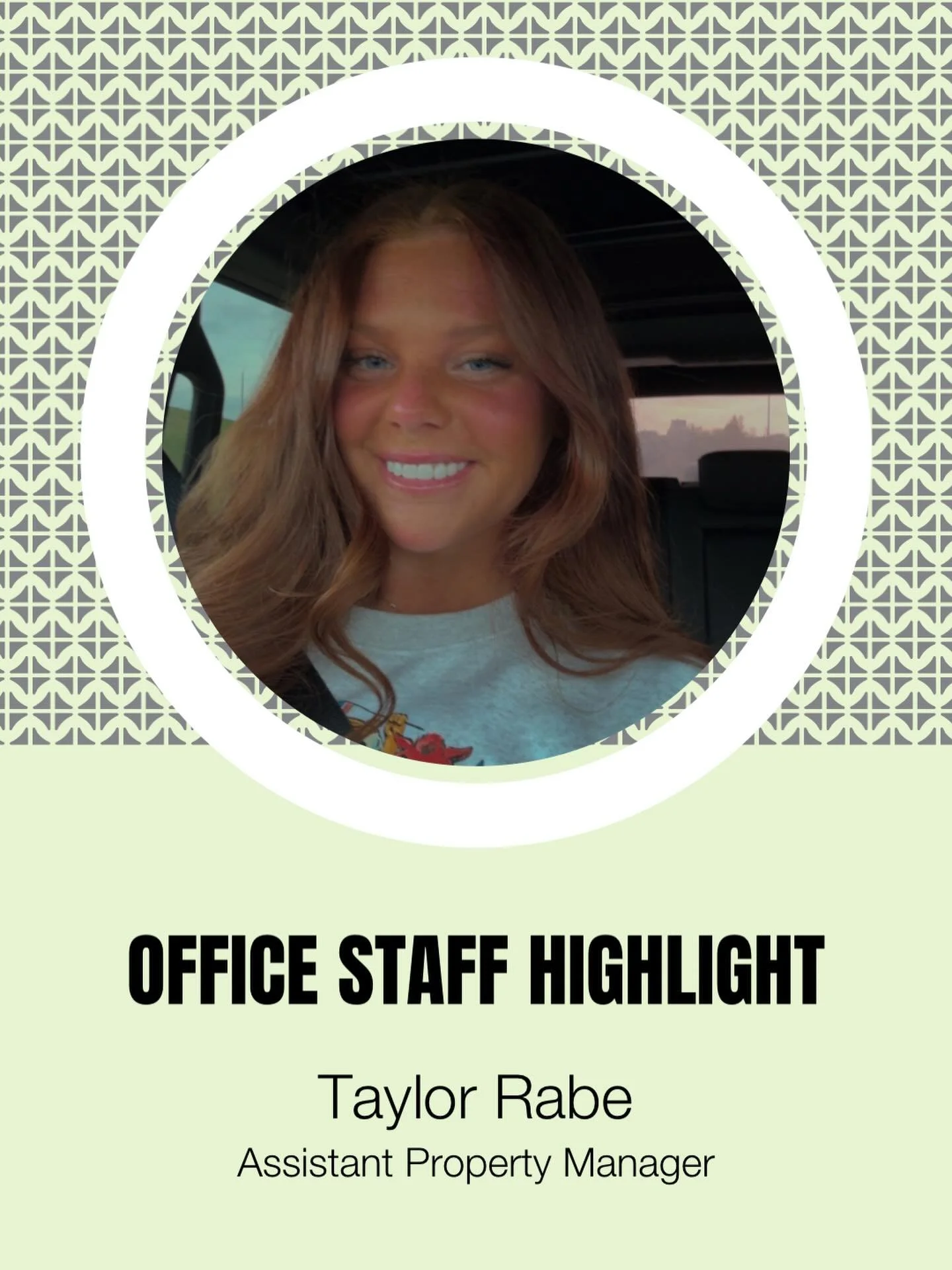 ✨ Staff Spotlight ✨

👋 Meet Taylor, our amazing Assistant Property Manager! Taylor plays a huge role in daily operations and going above and beyond for residents and our team. Her dedication makes a different in our community!

Fun fact: Her favorit