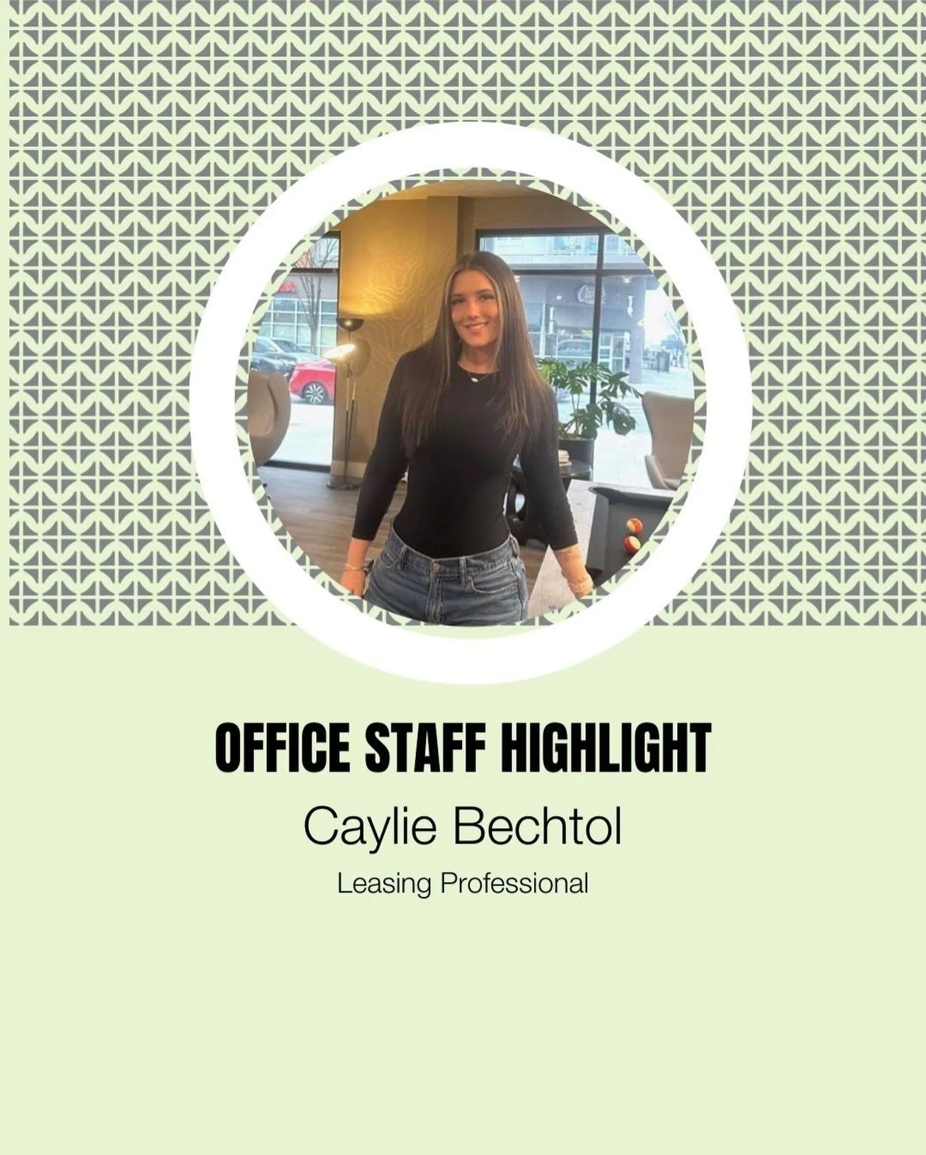 ✨ Staff Spotlight ✨

👋 Meet Caylie, our fabulous Leasing Professional! Caylie is very passionate about Real Estate, kind-hearted, and confidently stepping into leasing&mdash;destined to thrive in this new chapter! 

Fun fact: Caylie is a UC student 
