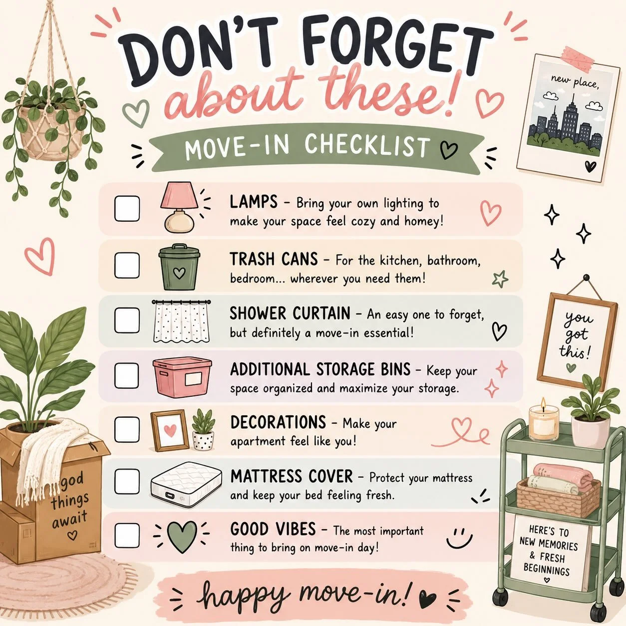 Move-in day is almost here! 🏡✨ Don&rsquo;t forget the little things that make your new space feel like home &mdash; and most importantly, bring the GOOD VIBES! 💕📦
Save this checklist for move-in day! ✔️
#MoveInDay #gatewayloftscincy #CollegeMoveIn