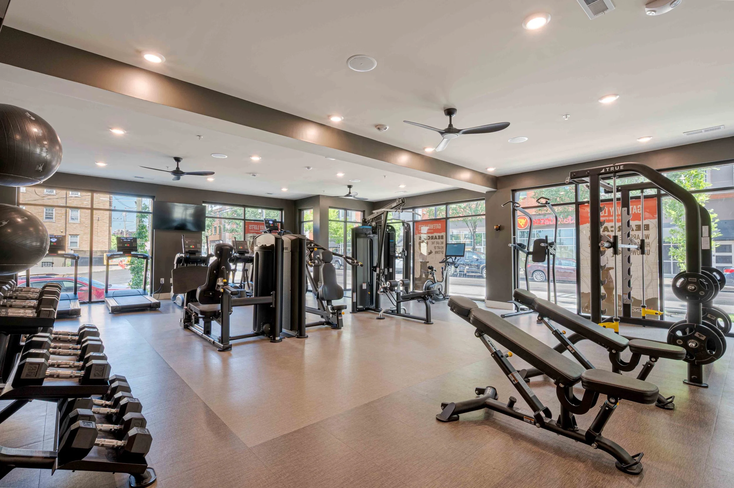 Modern gym with various equipment including dumbbells, treadmills, and weight machines, large windows letting in natural light, ceiling fans, and a TV.