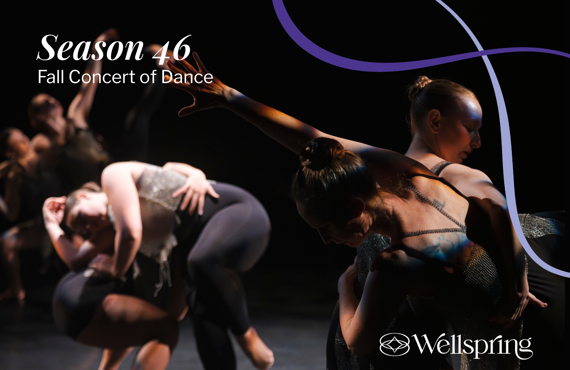Dance performance with dancers in black and silver costumes on stage with the text 'Season 46 Fall Concert of Dance' and the Wellspring logo.