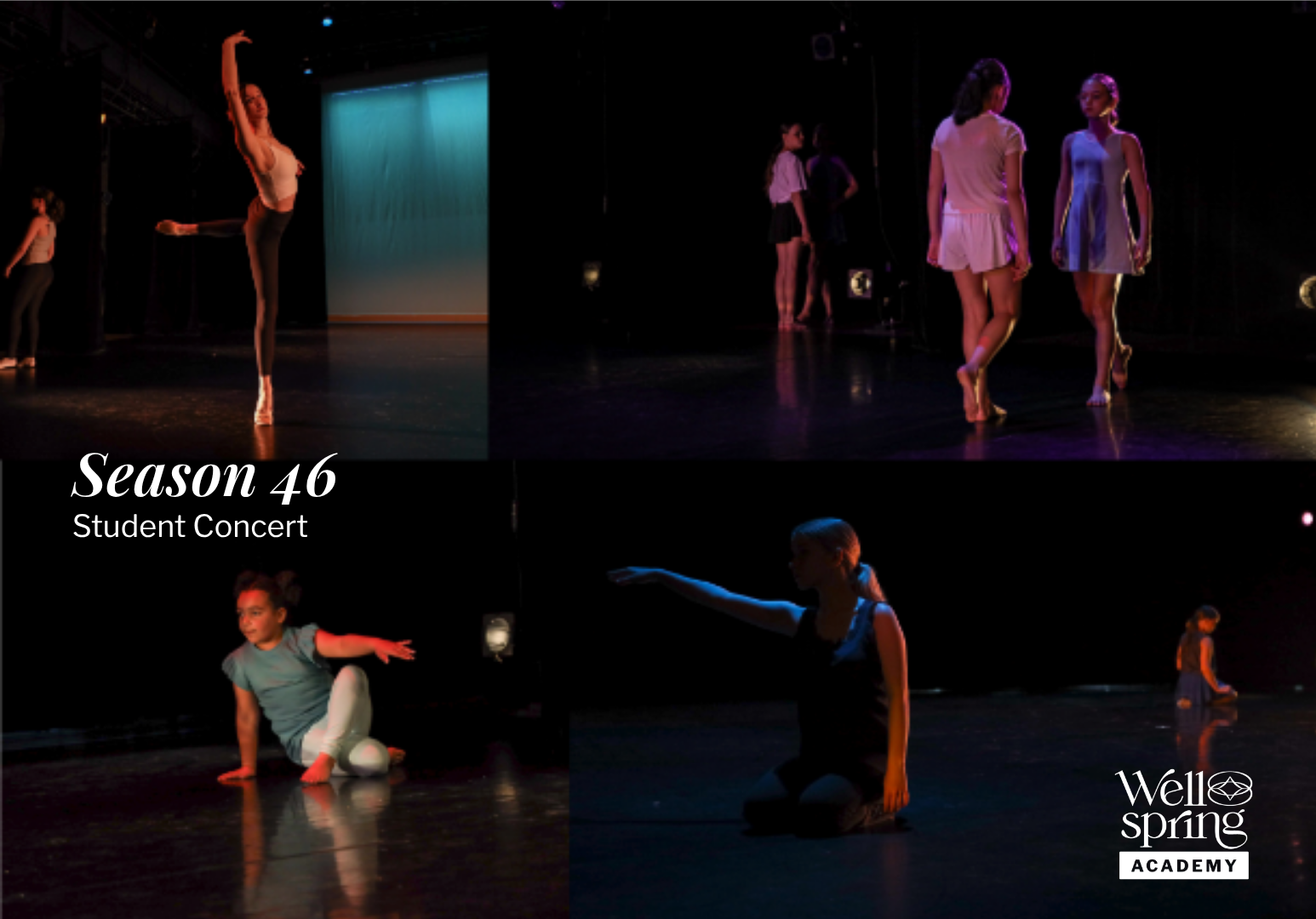 Students performing dance routines on stage during a student concert at Well Spring Academy, Season 46.