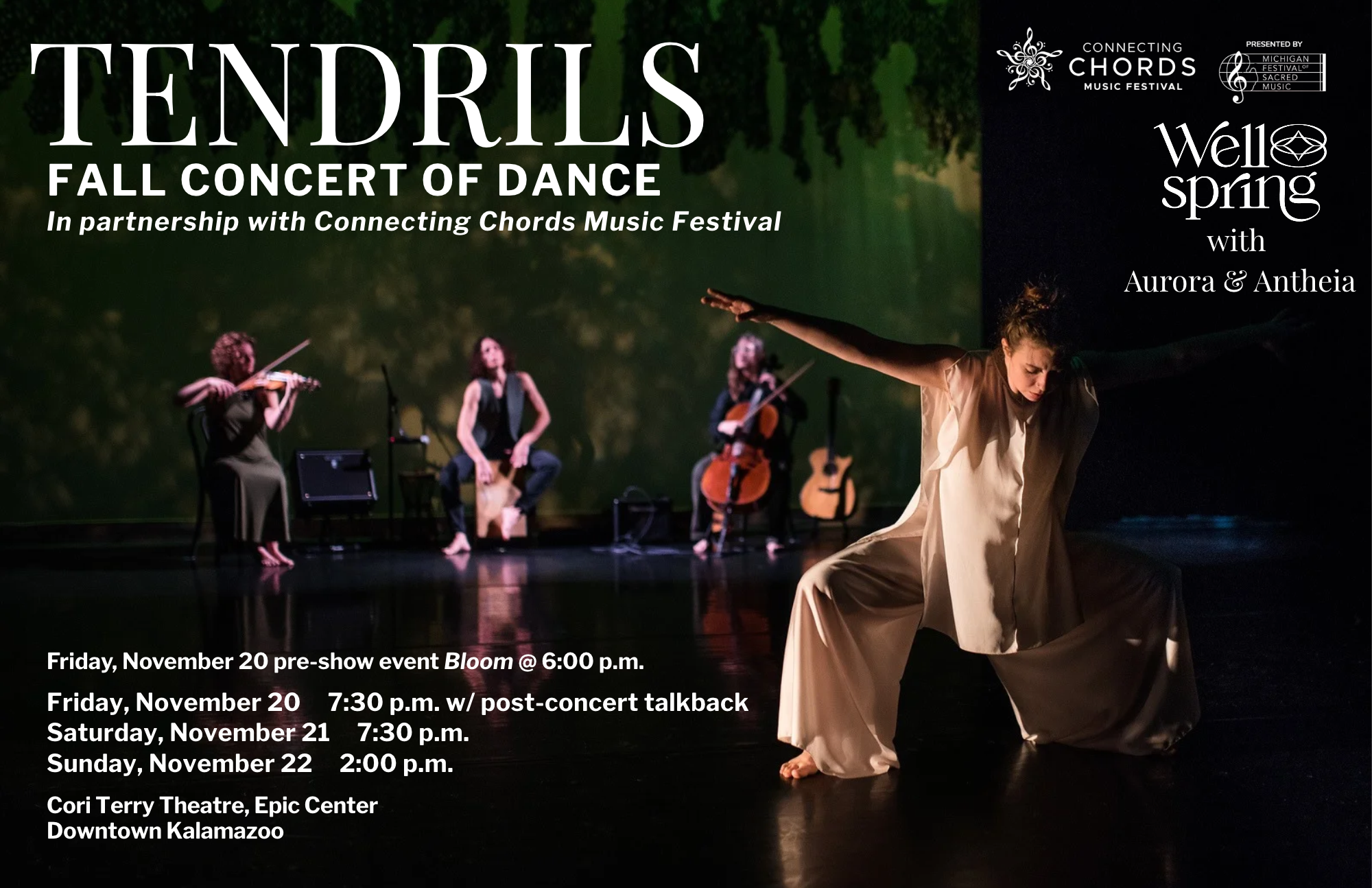 Dancer in cream in foreground with cellist, drummer, & violin musicians in background against screen of foliage. "Tendrils: Fall Concert of Dance" is title on the image.