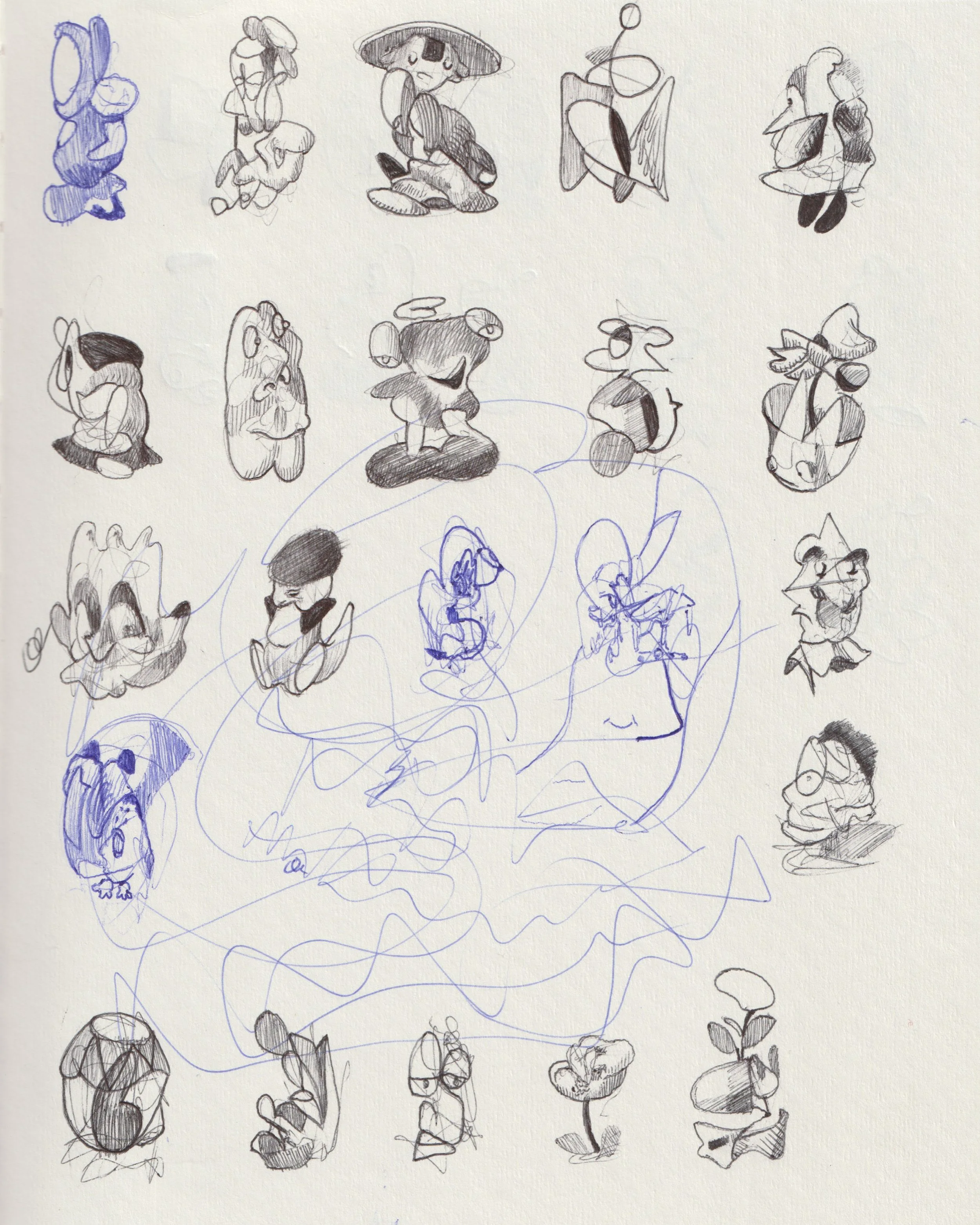 Collection of various character sketches and doodles, with some figures in black ink, others in blue pen, and random scribbles across the page.