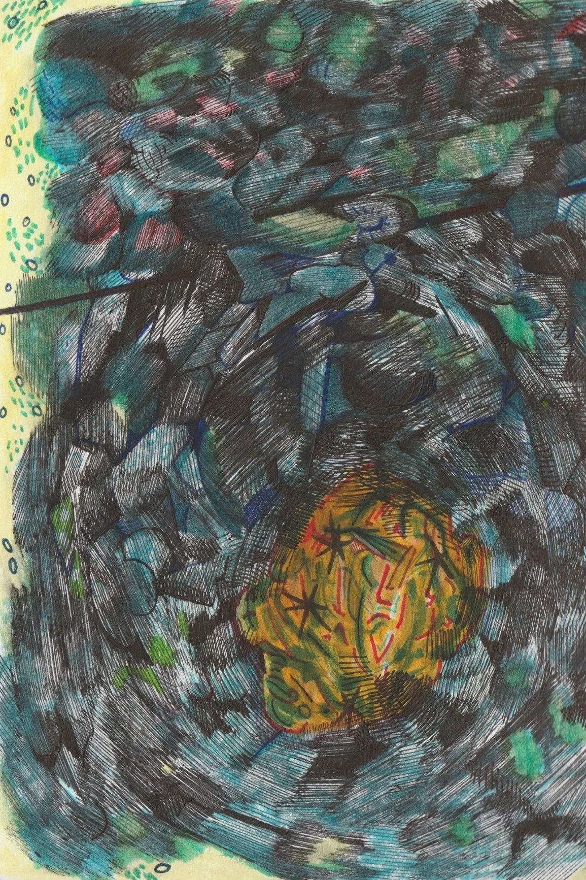 An abstract mixed media artwork featuring dark swirling lines and patches of color, with a prominent yellow and red element resembling a brain at the center.