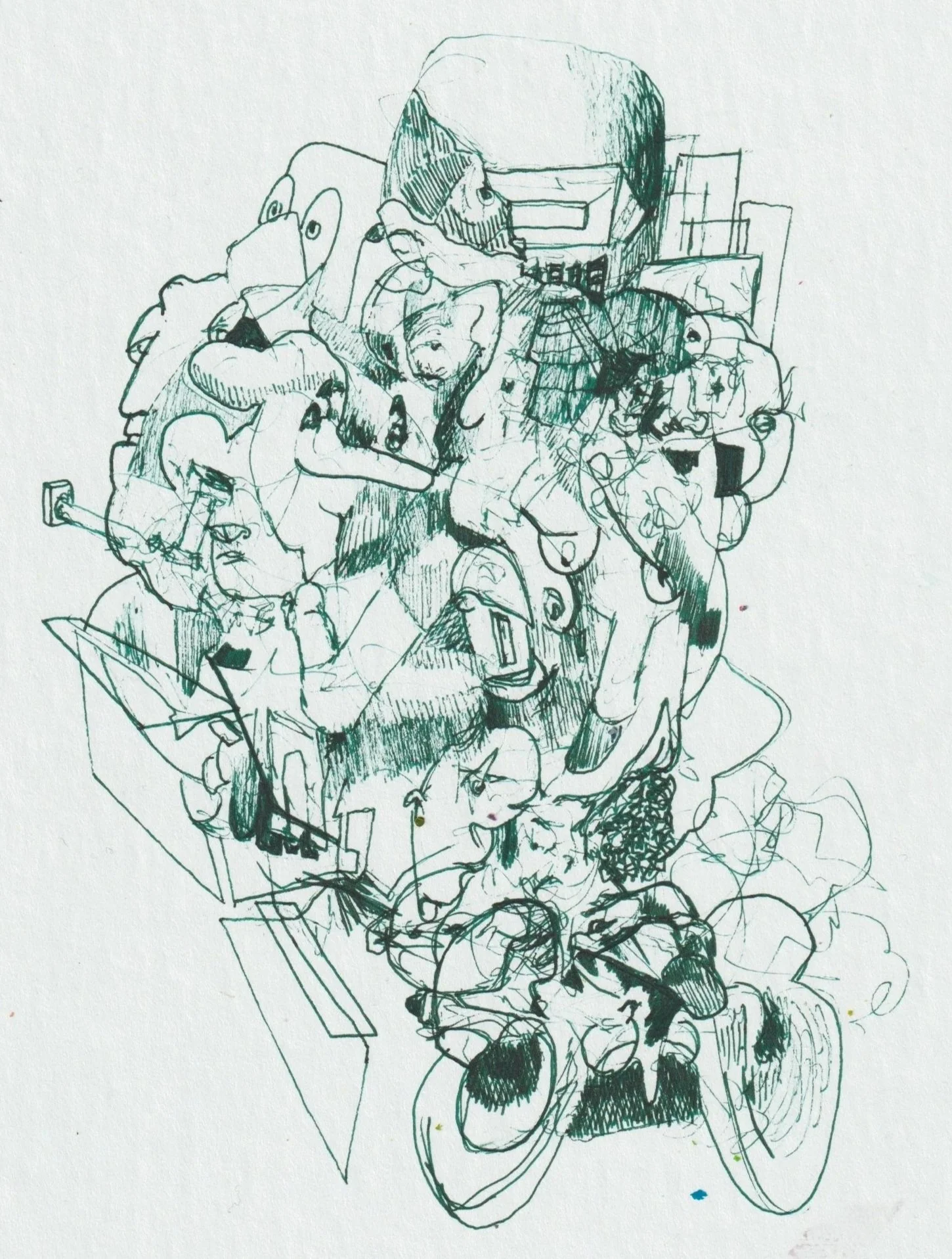 Abstract line drawing of a cluttered scene with various faces, a computer, a person riding a bicycle, and other scattered objects.