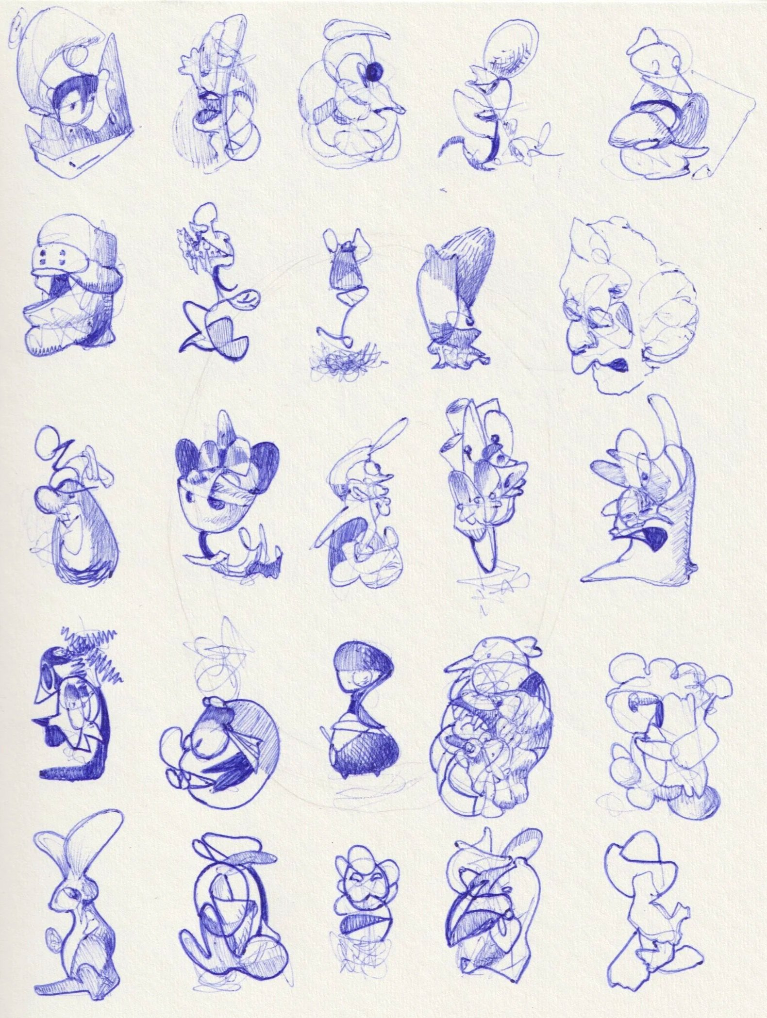 Collection of rough sketches of cartoon characters, including animals and humans, drawn with a blue pen on white paper.