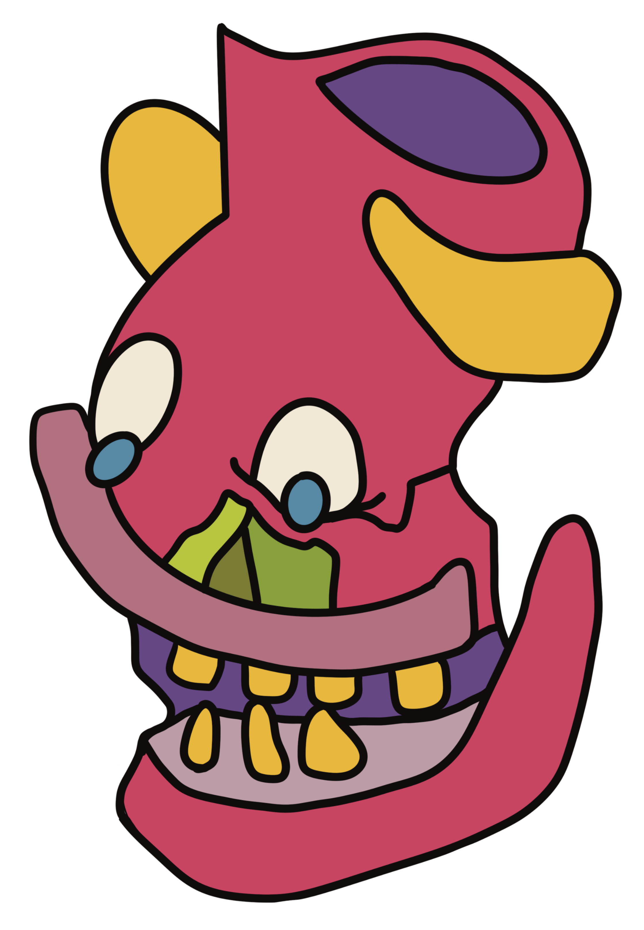 Cartoon illustration of a pink skull with cartoon eyes, yellow ears, purple hair, and missing teeth.