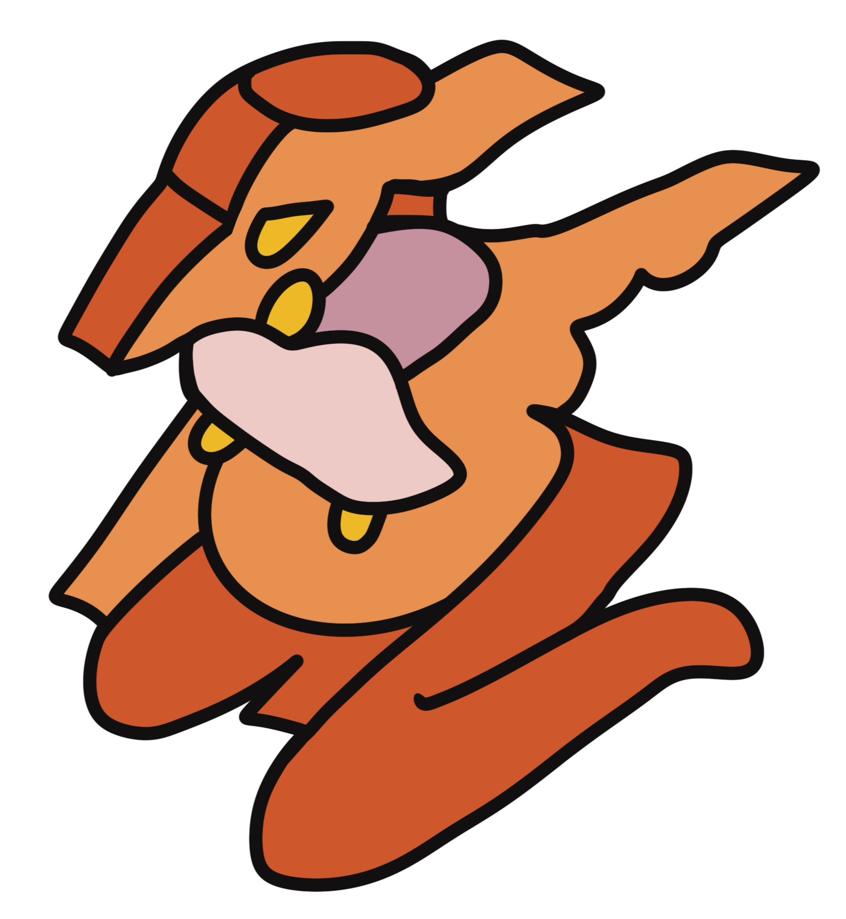 Cartoon style drawing of a ginger cat with pink and purple patches lying on its back with paws raised.