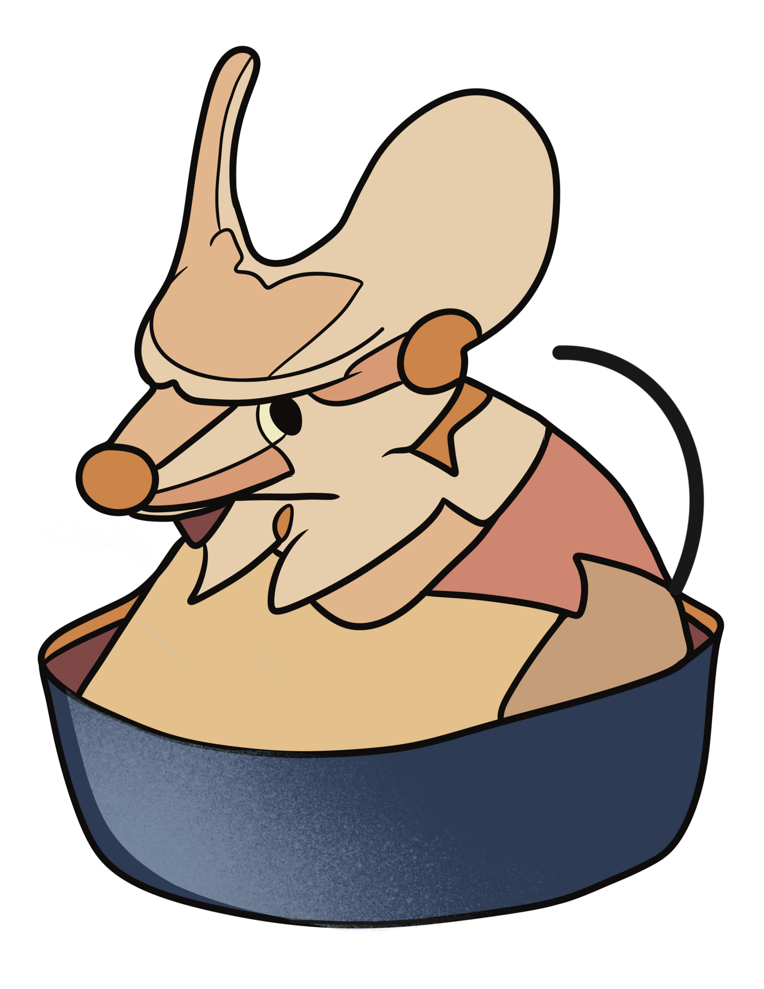 Cartoon mouse with big ears sitting in a bowl, wearing a pink dress and a necklace.