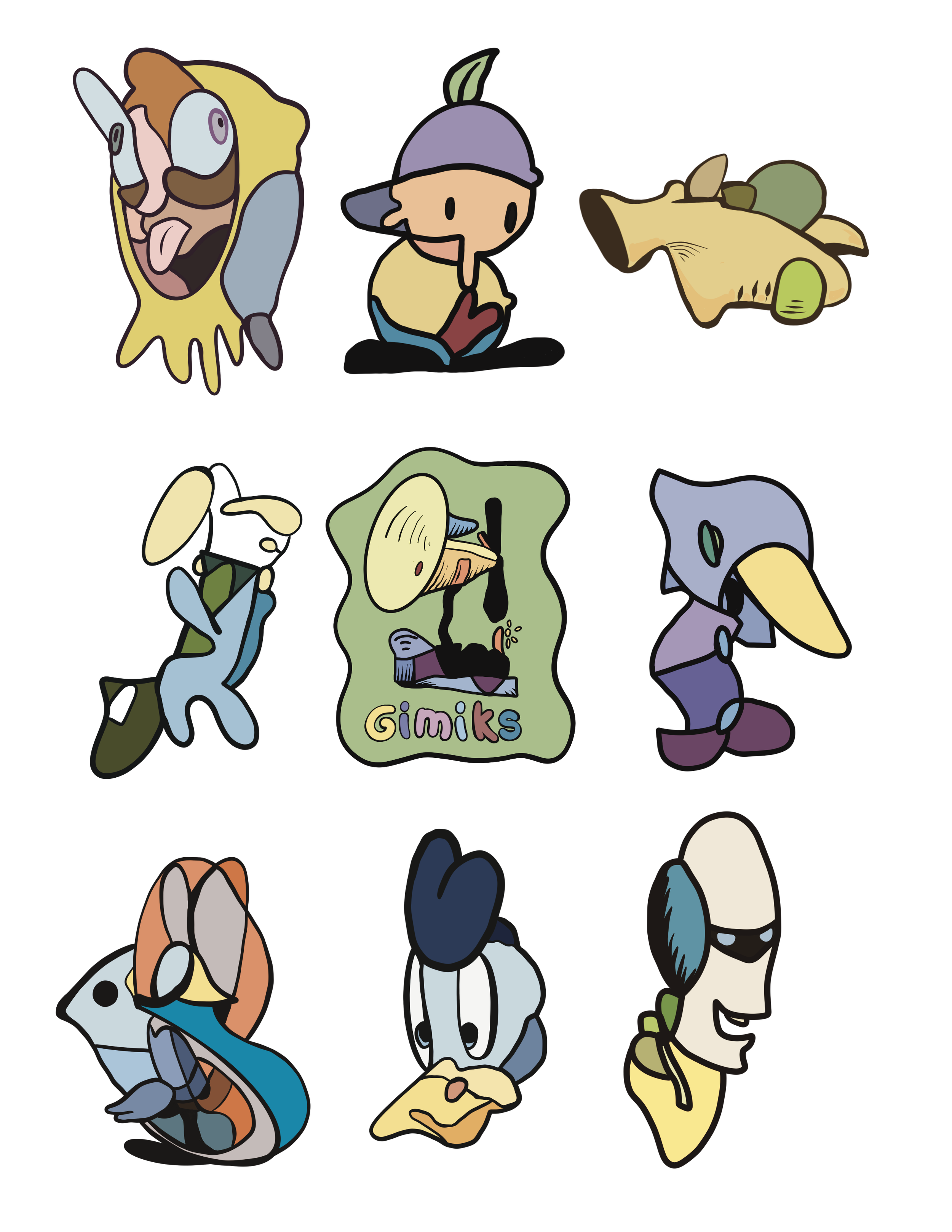 A collection of cartoon characters resembling a fish, a boy with a cap, a log with plants, a dog, a sign with the text "Gimiks" and a fish, a duck, a skull with sunglasses, a snake, a whale, and a face with sunglasses.