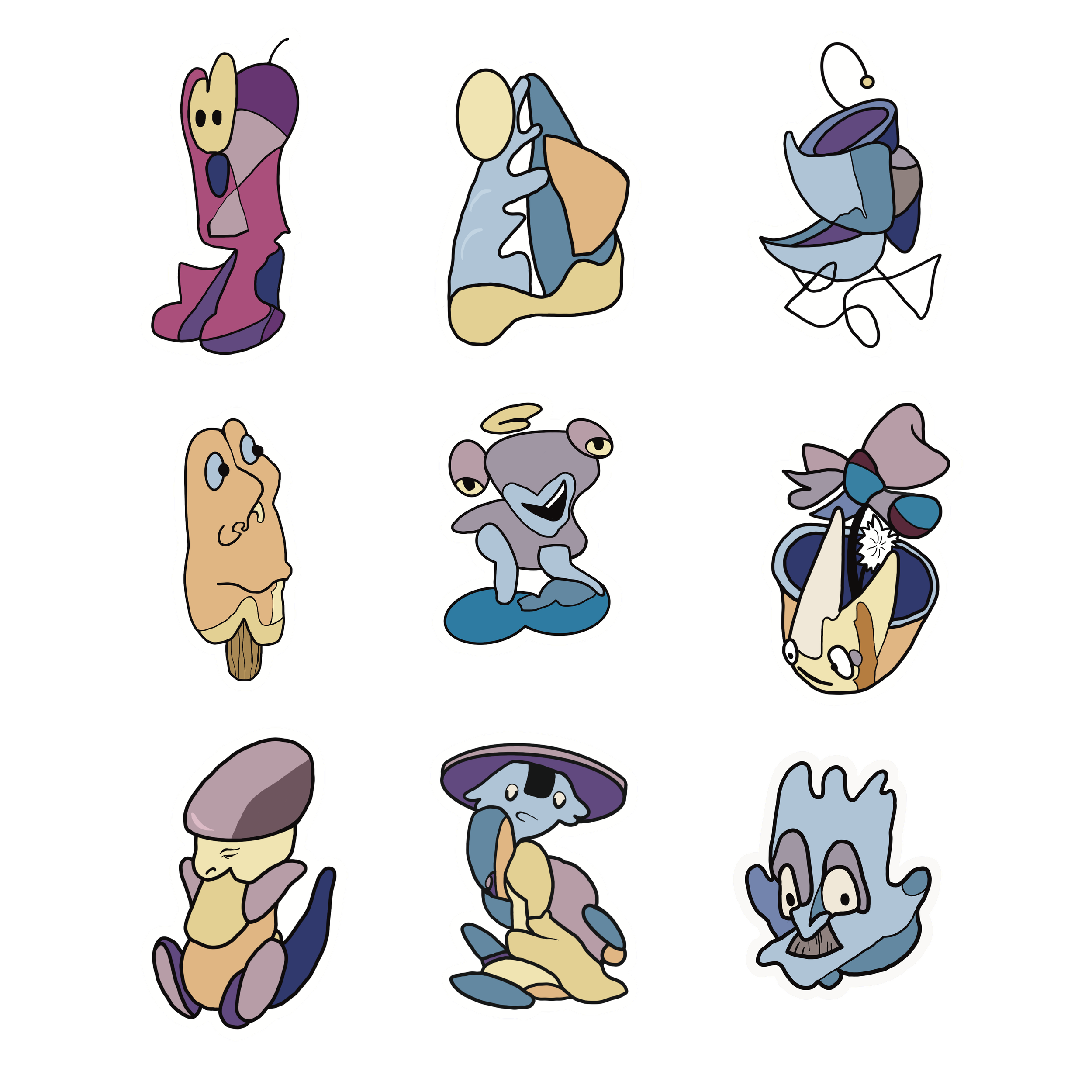 Nine colorful, cartoon-style stickers of various characters. Top row: a purple and pink creature with rabbit ears, a blue and orange sea creature, a blue fish with a helmet. Middle row: a beige face, a gray angel with a halo, a person with sunglasses