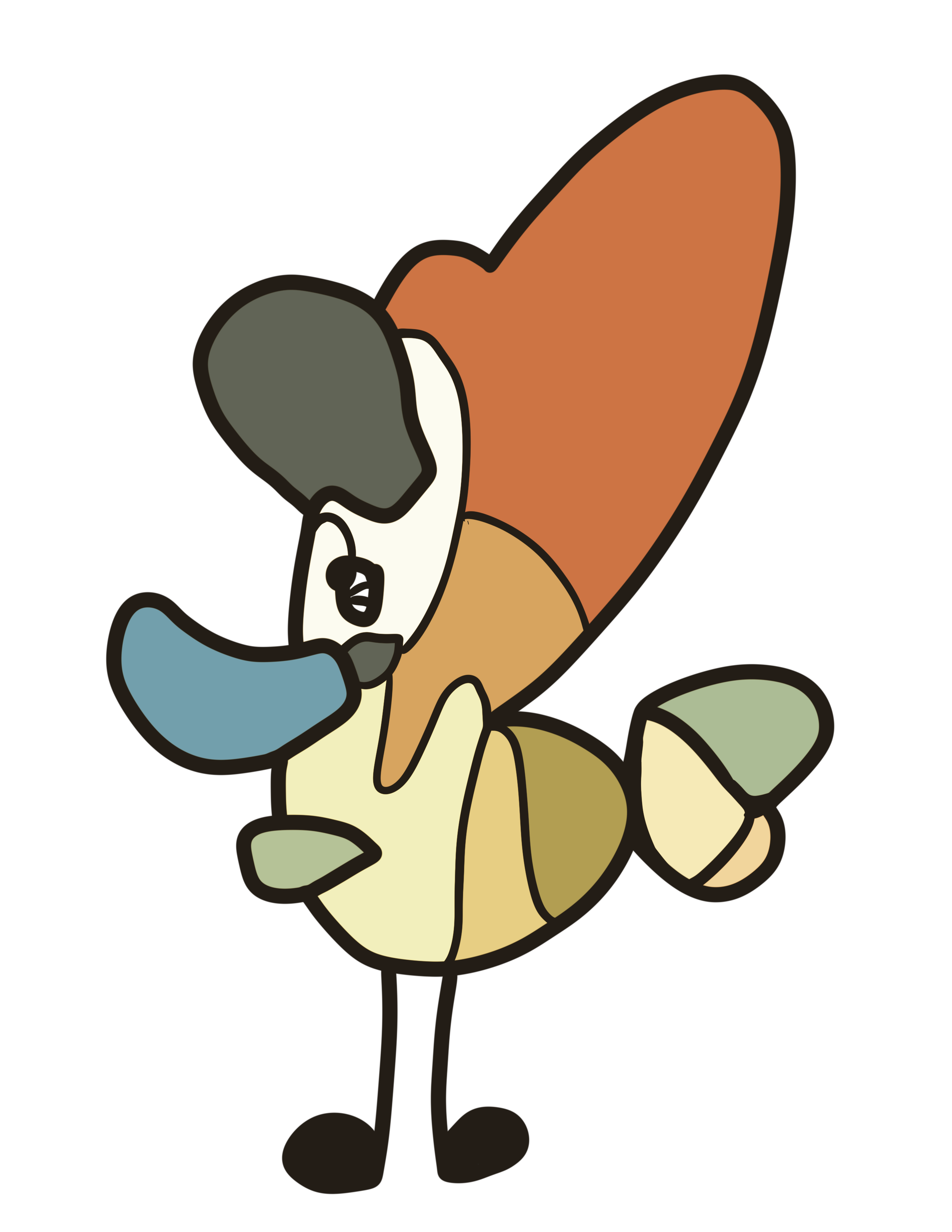 A cartoon dog with a blue tongue and multicolored fur, sitting with a large orange tail and big ears.