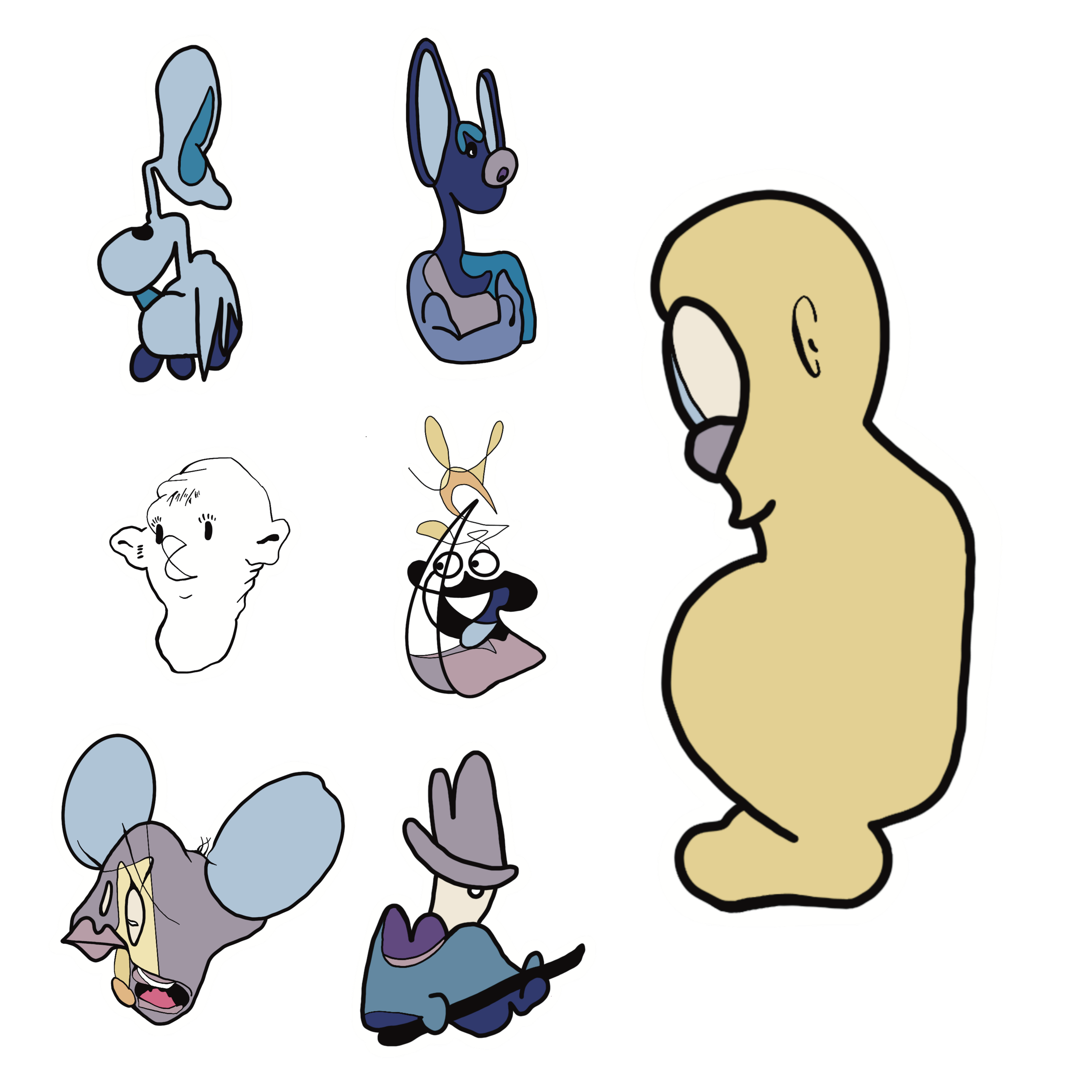 Collection of cartoon character stickers including a blue dog, a dog in a mask, a human face, a laughing animal, and a brown bunny, all on a black background.