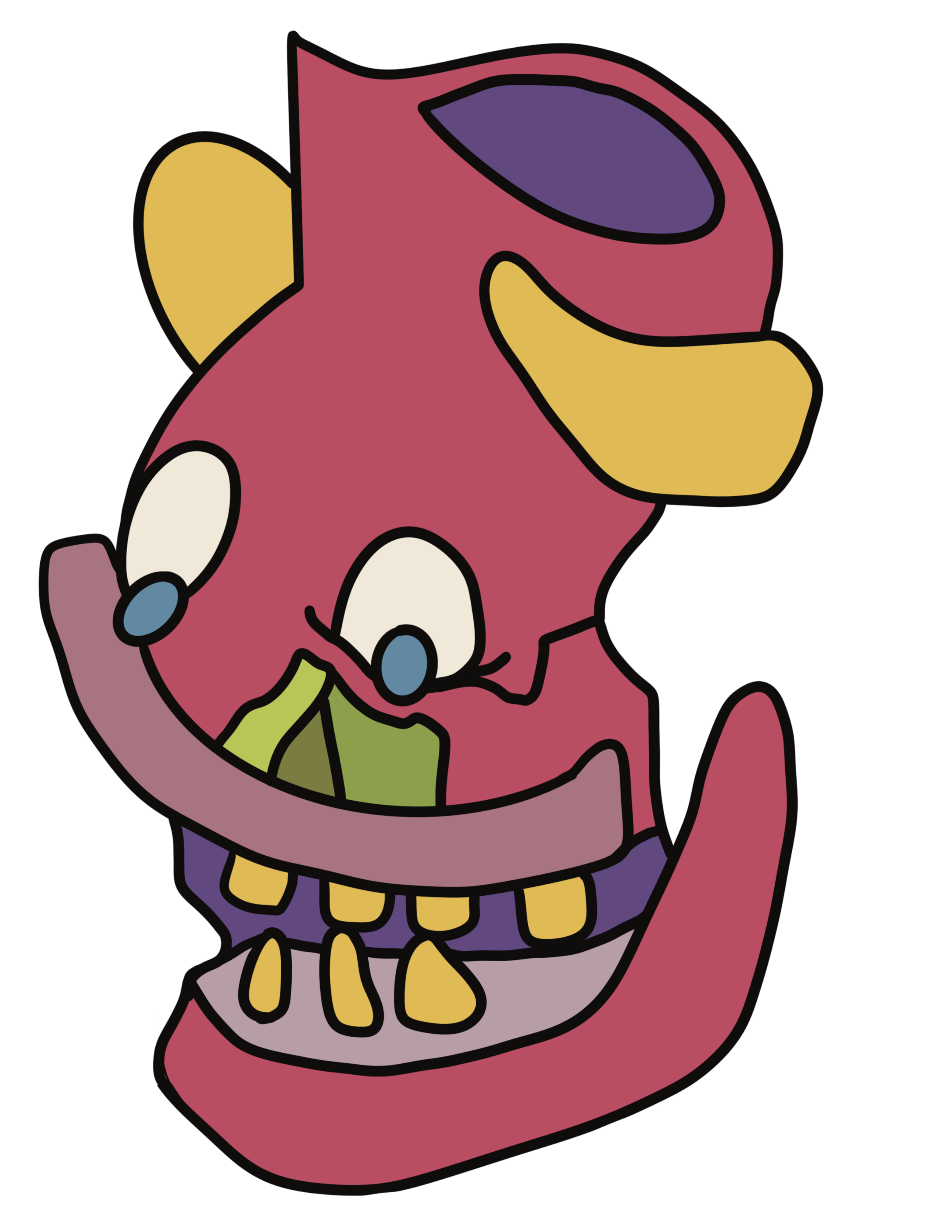 Cartoon illustration of a pink skull with cartoon eyes, yellow ears, purple hair, and missing teeth.