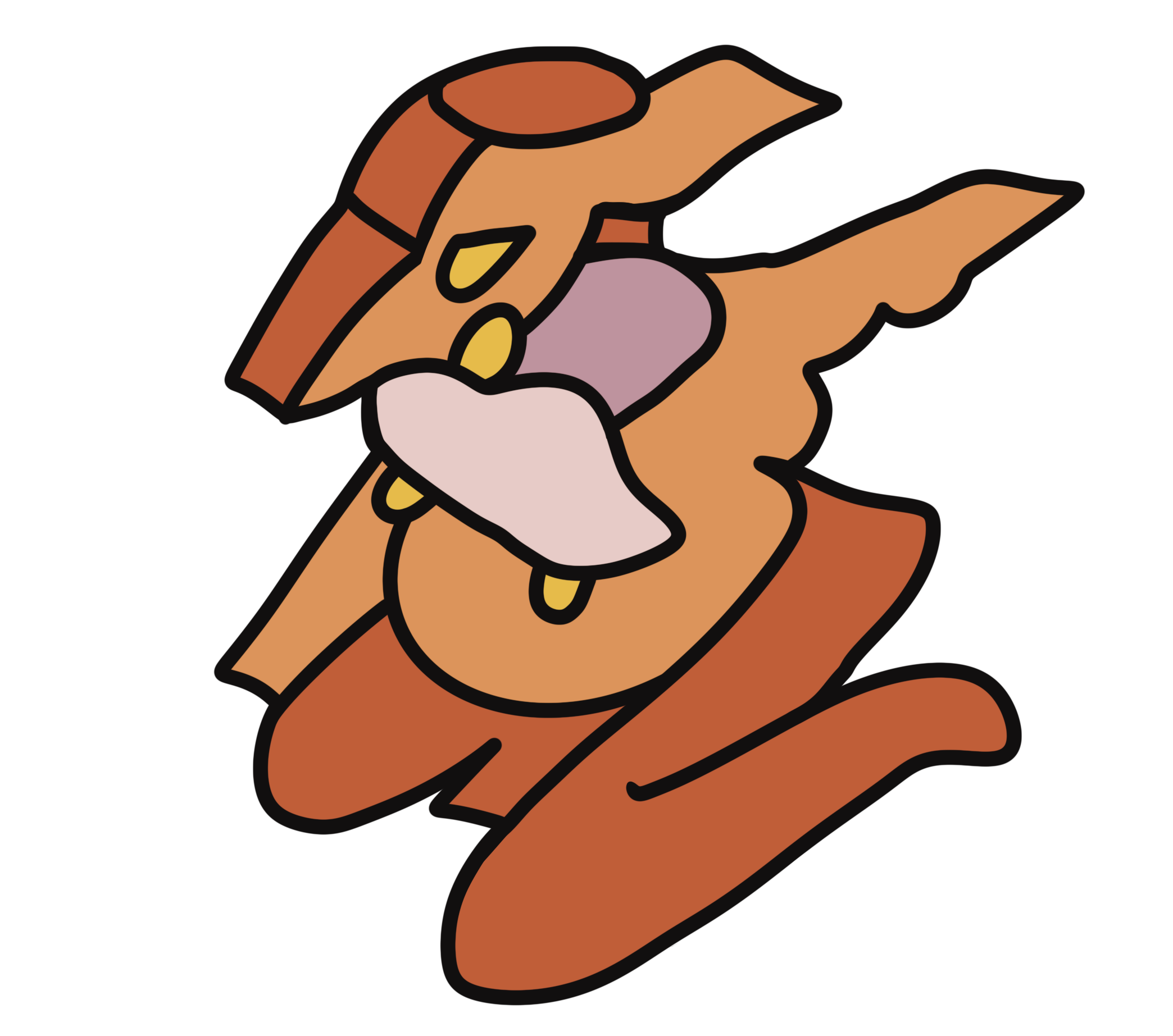 Cartoon style drawing of a ginger cat with pink and purple patches lying on its back with paws raised.