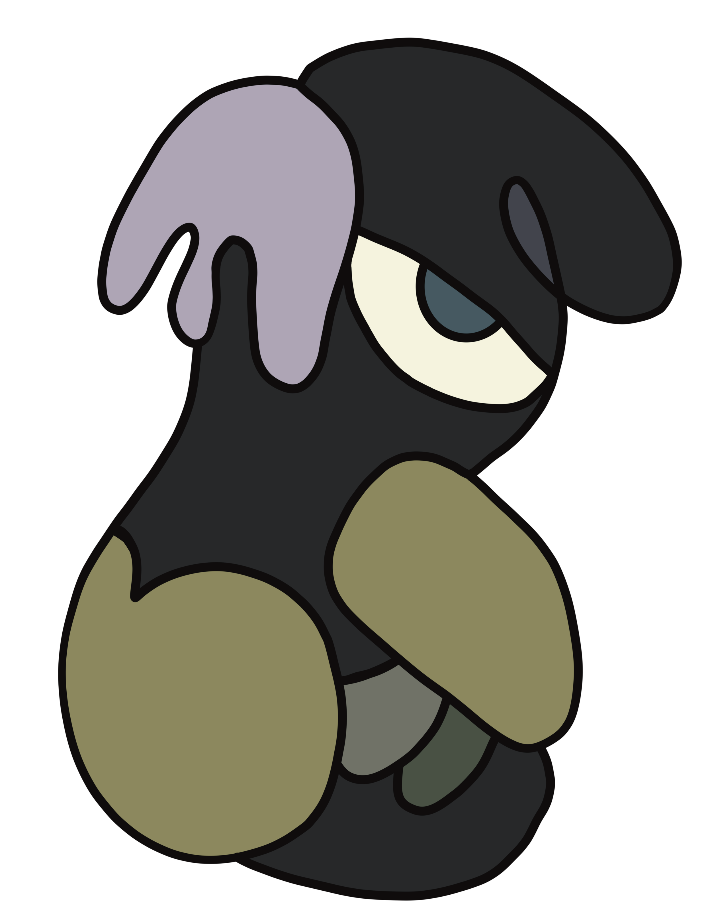 A cartoon character with a black body, purple hair, and an eye patch covering one eye, wearing an olive green shirt.