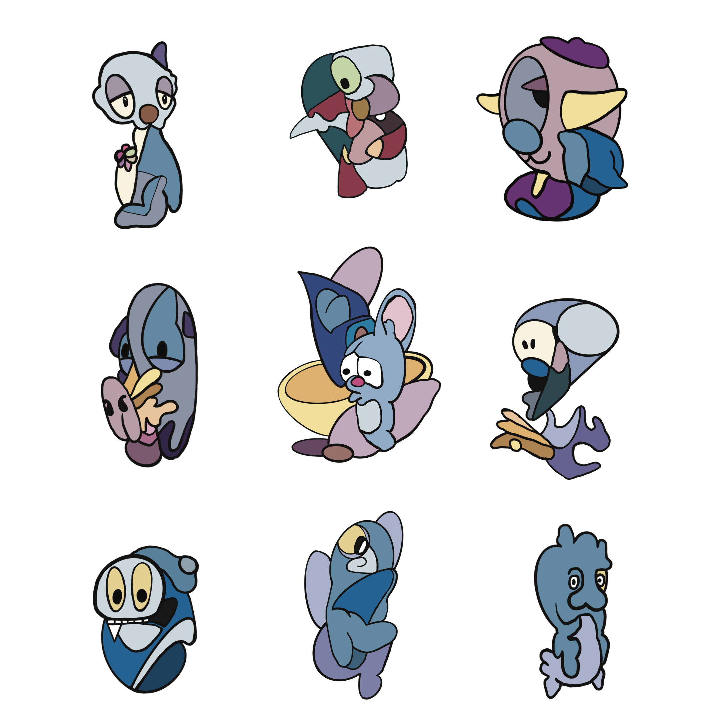 Collection of cartoon characters resembling various animals and fantasy creatures on a black background.