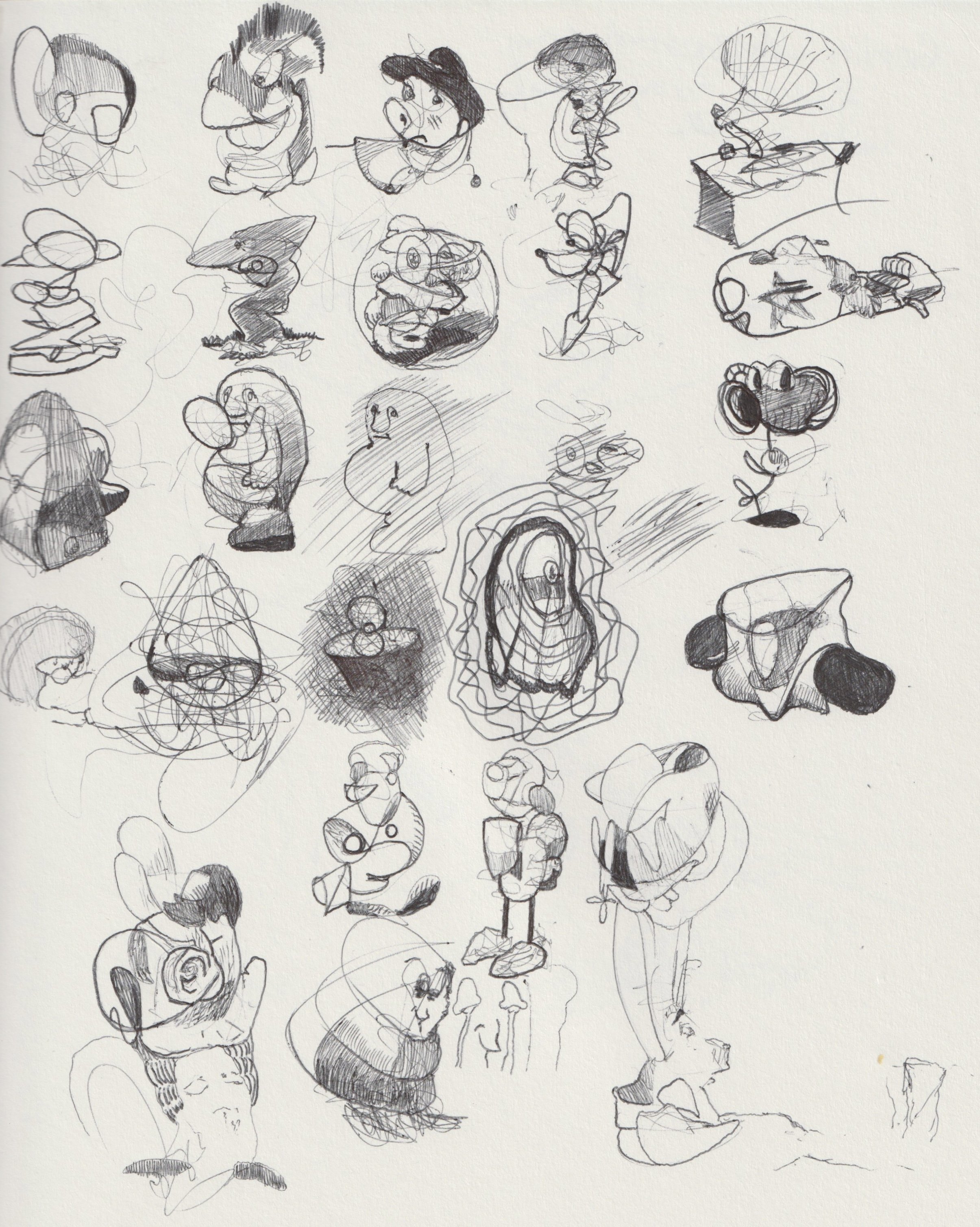 A collection of scribbled sketches of various cartoon characters and faces drawn with a pen on a white background.
