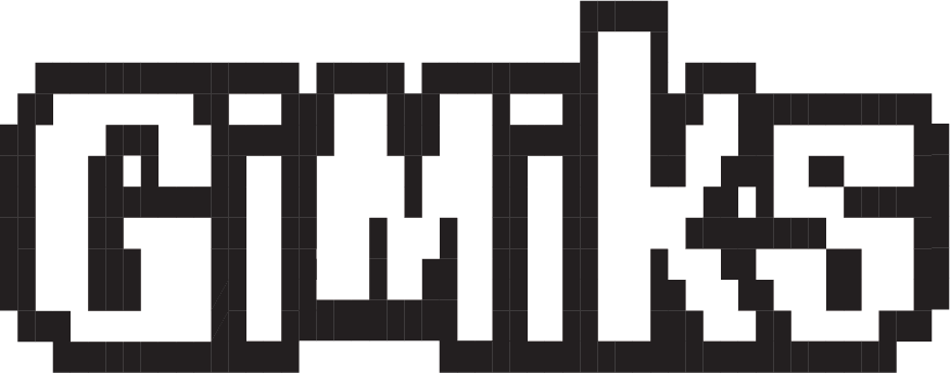 Pixelated black and white logo with the text 'Gimiks' in a stylized font.