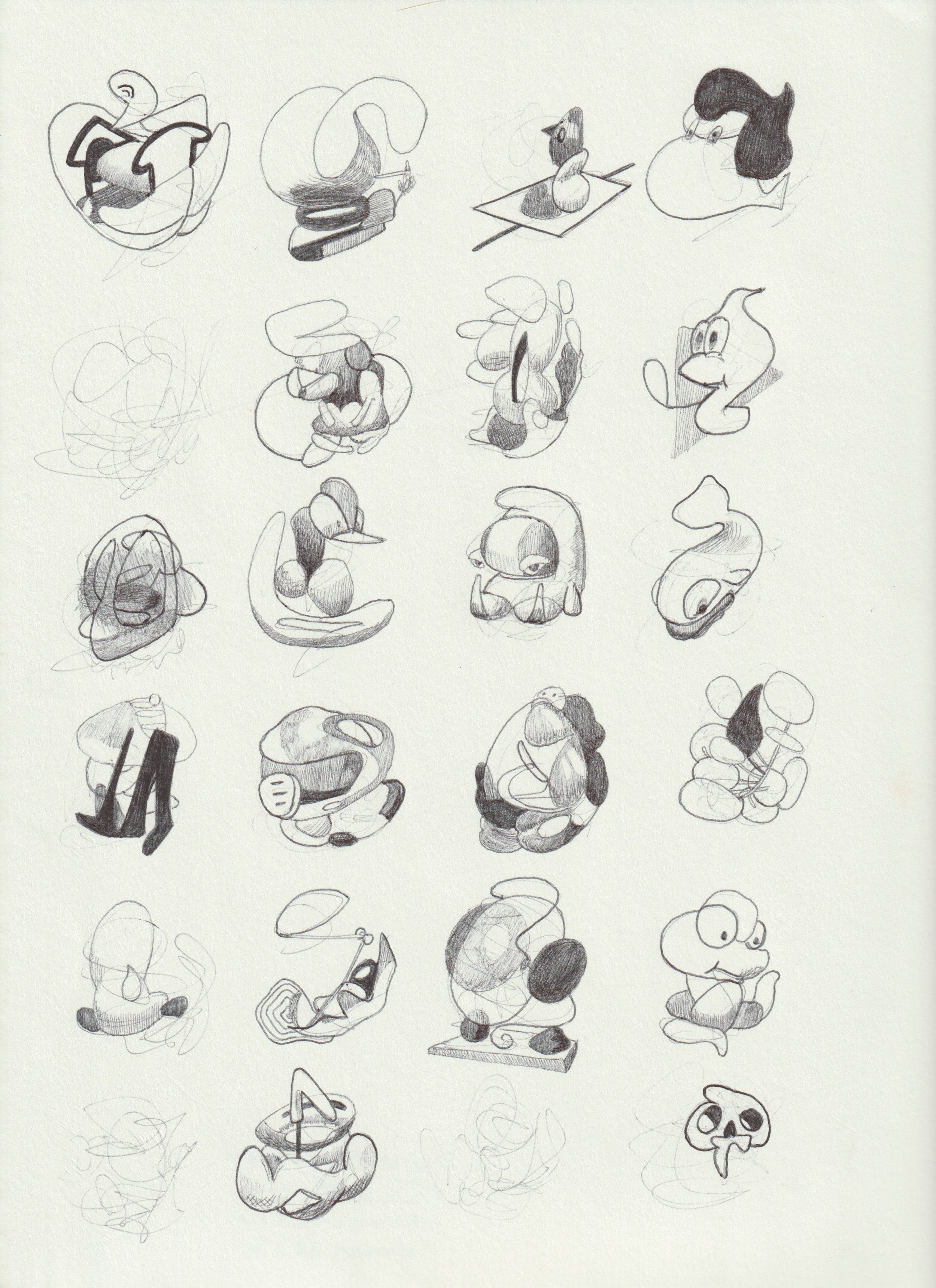 Collection of 20 hand-drawn cartoon character sketches in pencil on white paper, some with detailed shading and others with rough outlines.