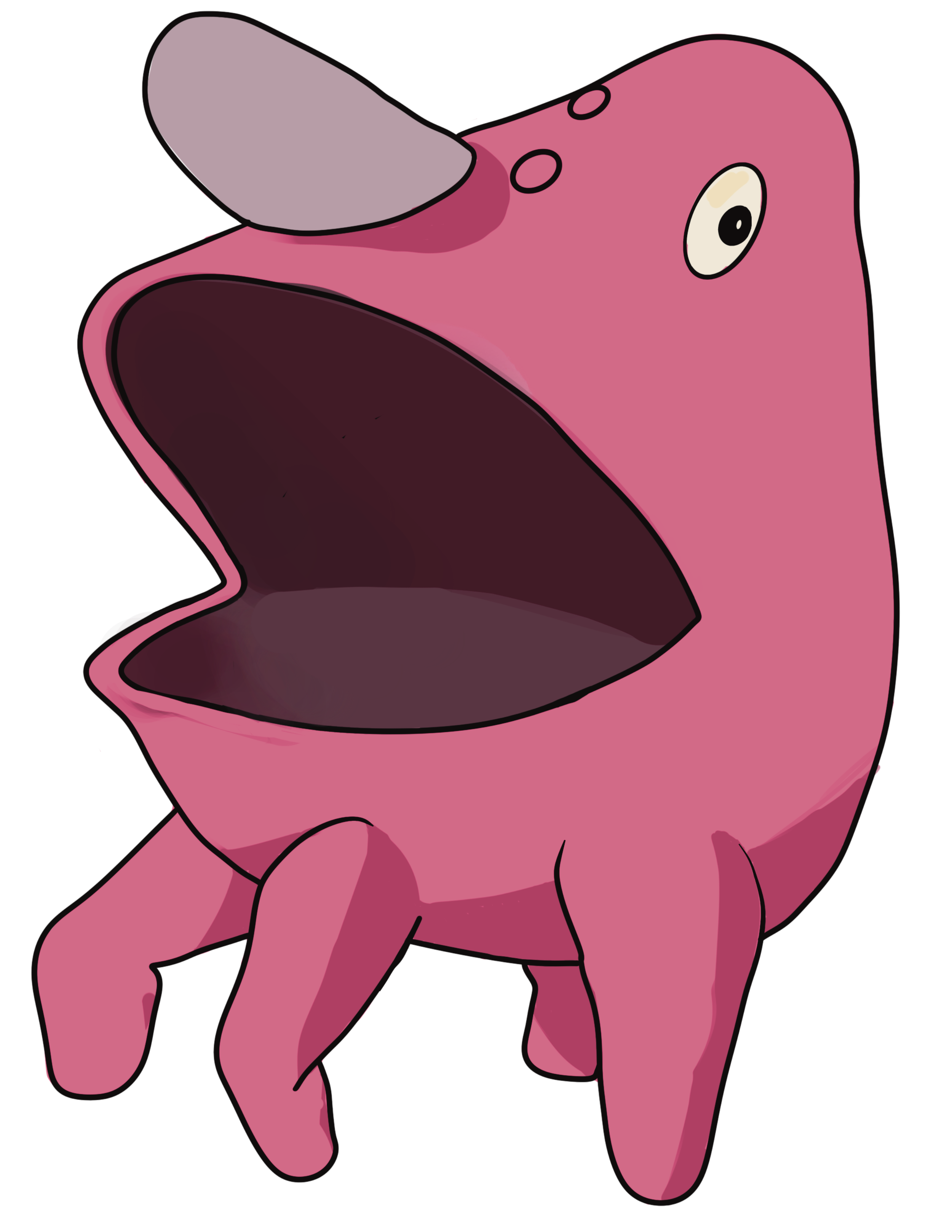 A cartoon illustration of a pink creature with a large open mouth, small limbs, and a single large eye with a surprised expression.