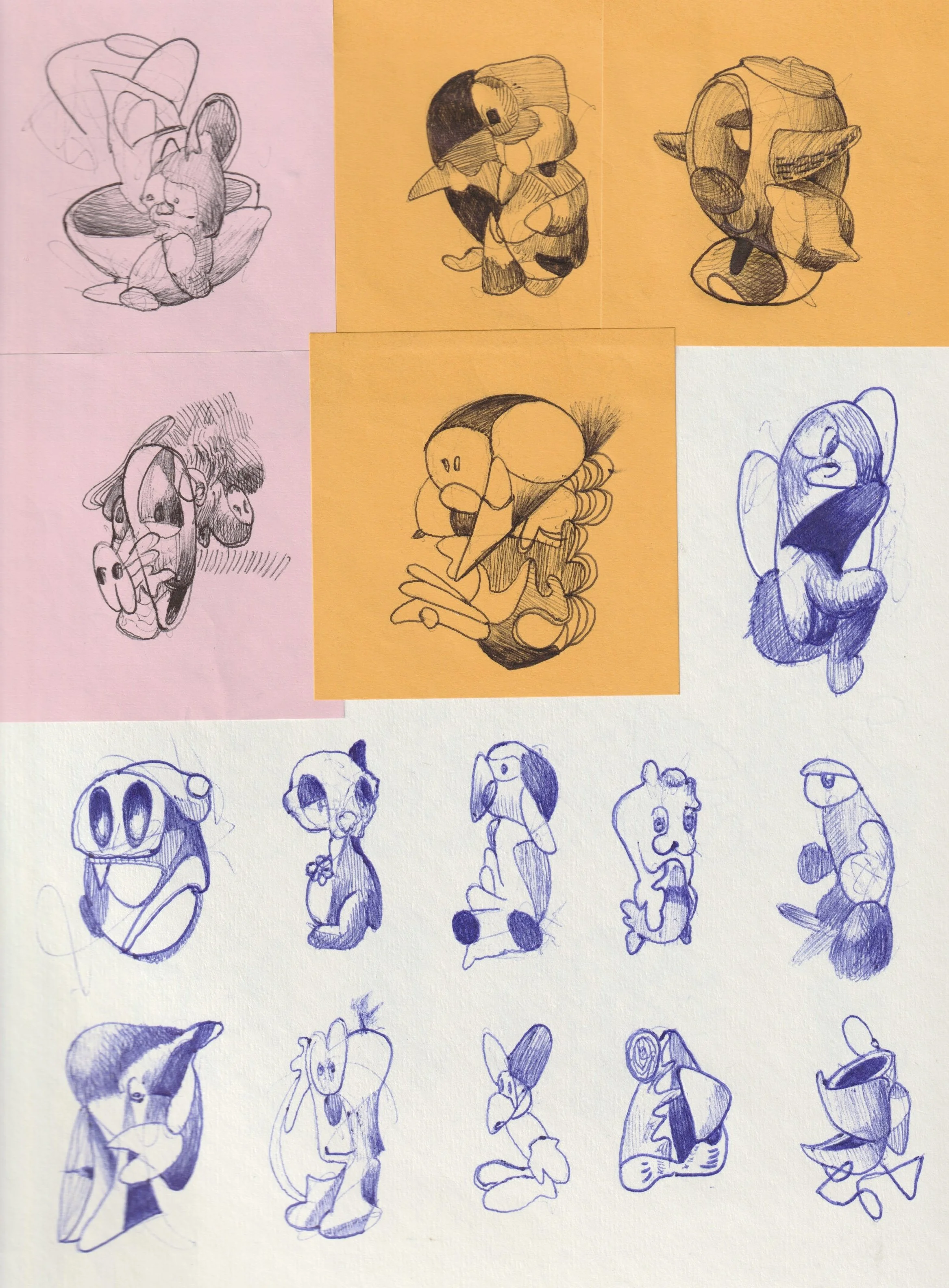 A collage of sketches of various cartoon characters, including some from popular animated series, drawn on colored and white paper in different styles and poses.