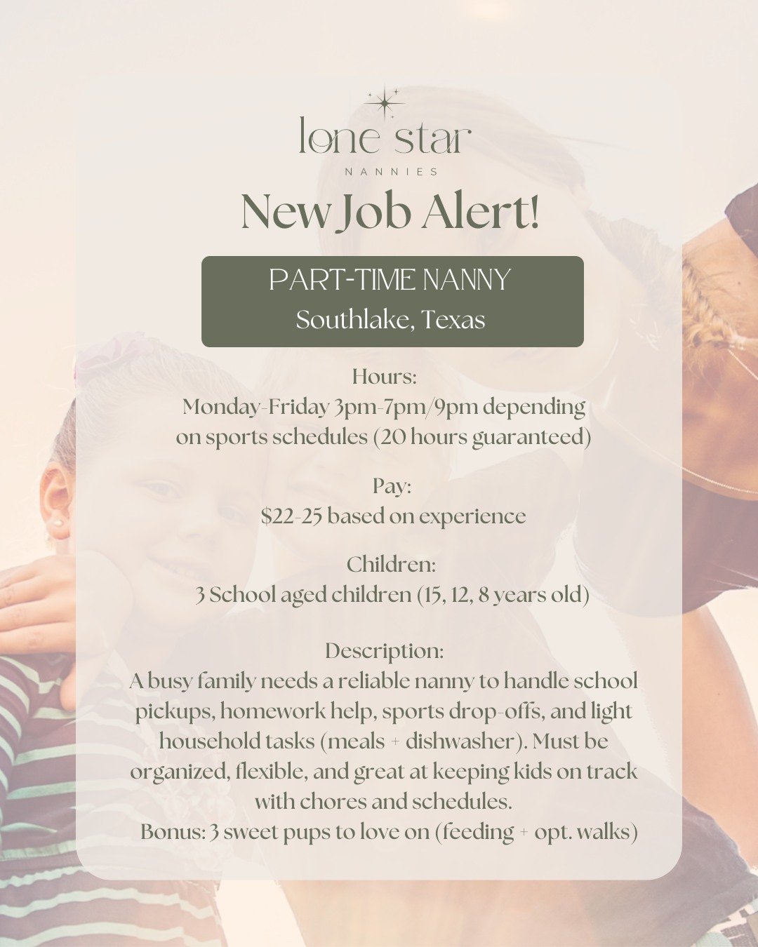 ✨ We&rsquo;ve got nanny magic in the making! ✨
Looking for flexible hours, adorable sidekicks, and days filled with baby snuggles, school pick-ups , homework help , and toddler dance parties? 

Our current part-time nanny openings cover it all&mdash;