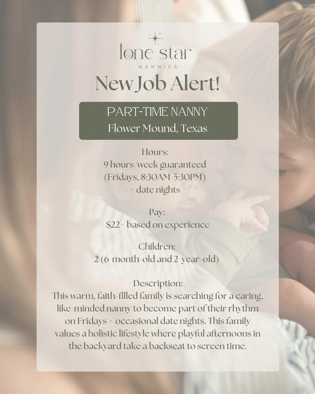 ✨ Loving Nanny Wanted ✨
Fridays + Date Nights 🌙
Play &bull; Faith &bull; Family &bull; Outdoors &bull; Organic Lifestyle
Become part of a family that values gentle care, learning through play, and a screen-free, faith-filled home. 💛

Apply today! T